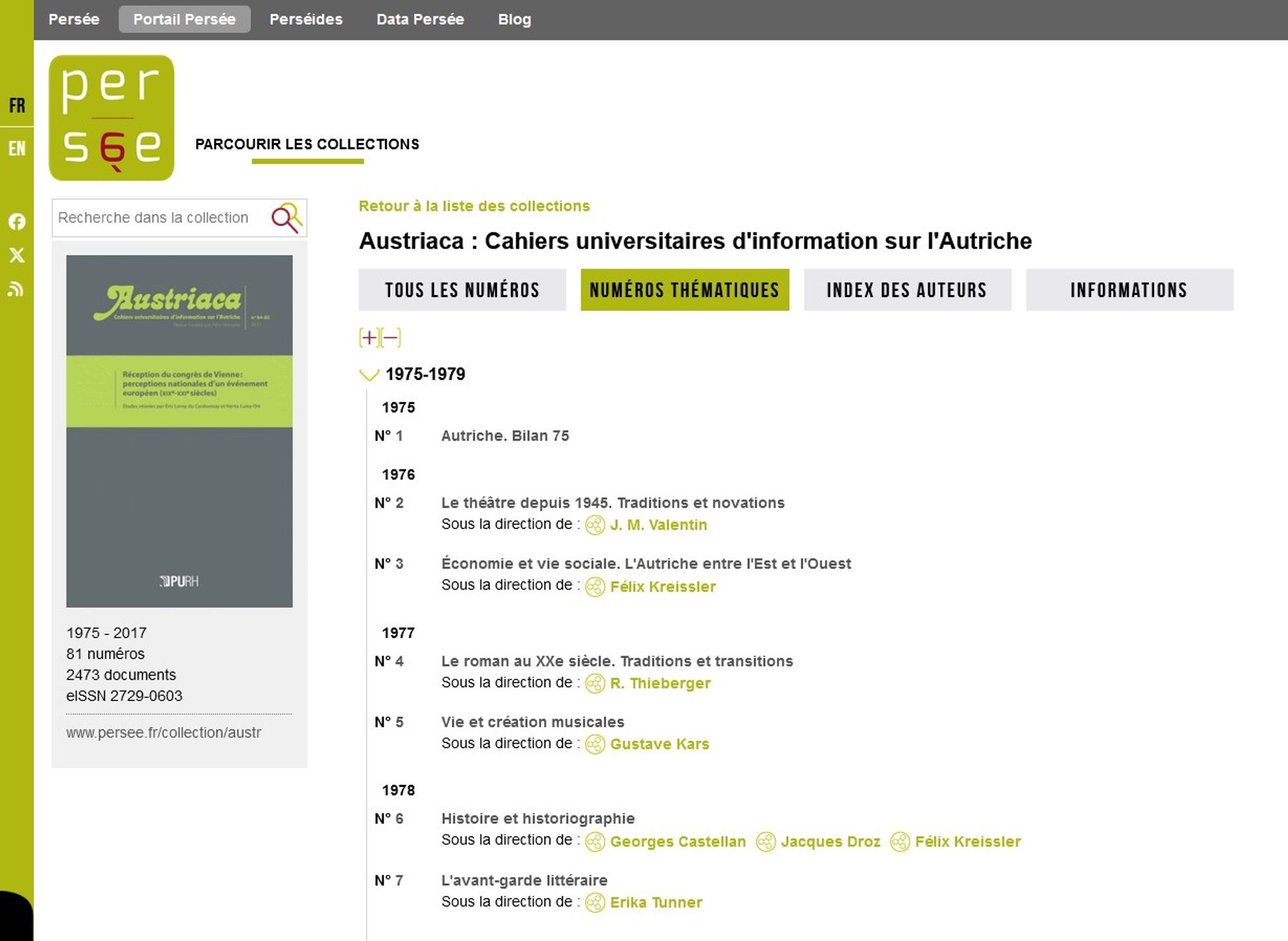 Capture d'écran de la revue Austriaca sur Persée, avec différentes thématiques des premiers numéros.
