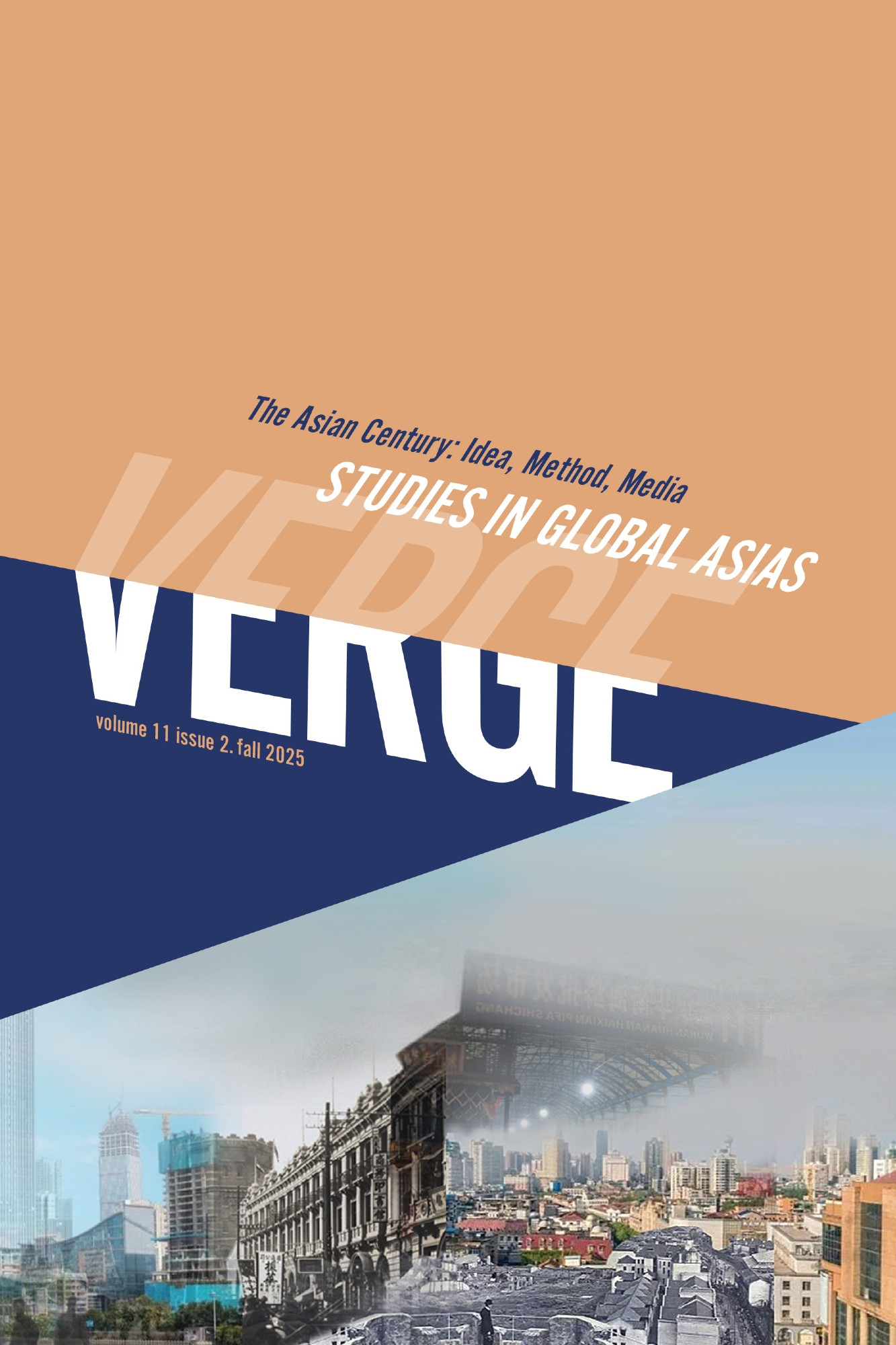 Verge 11.2 cover with the journal's title on a peach- and navy blue-colored background, featuring a photo collage of Wuhan, China.