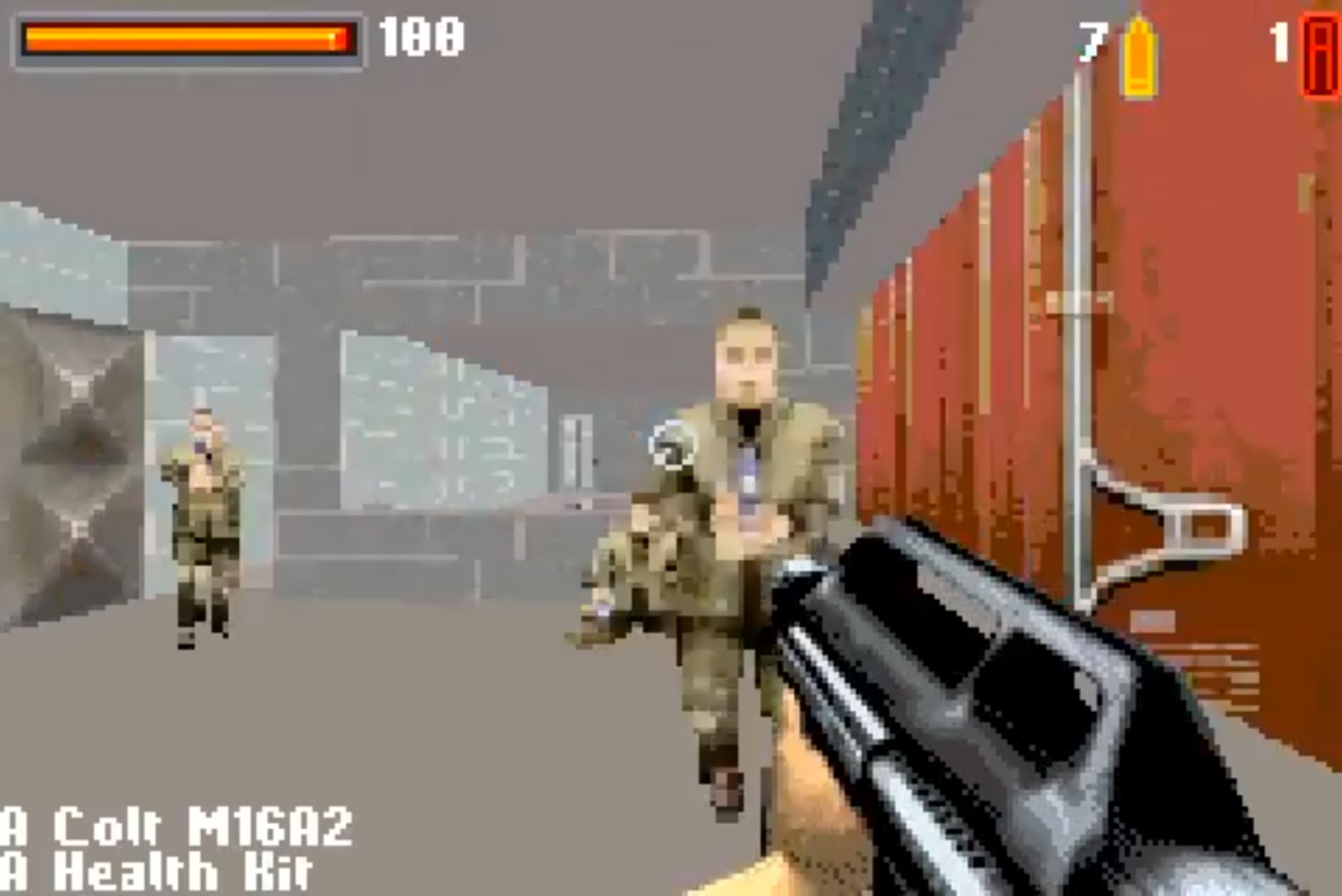 A view inside one of the rooms, where several identical enemies in olive fatigues face you as you aim a shotgun at them.