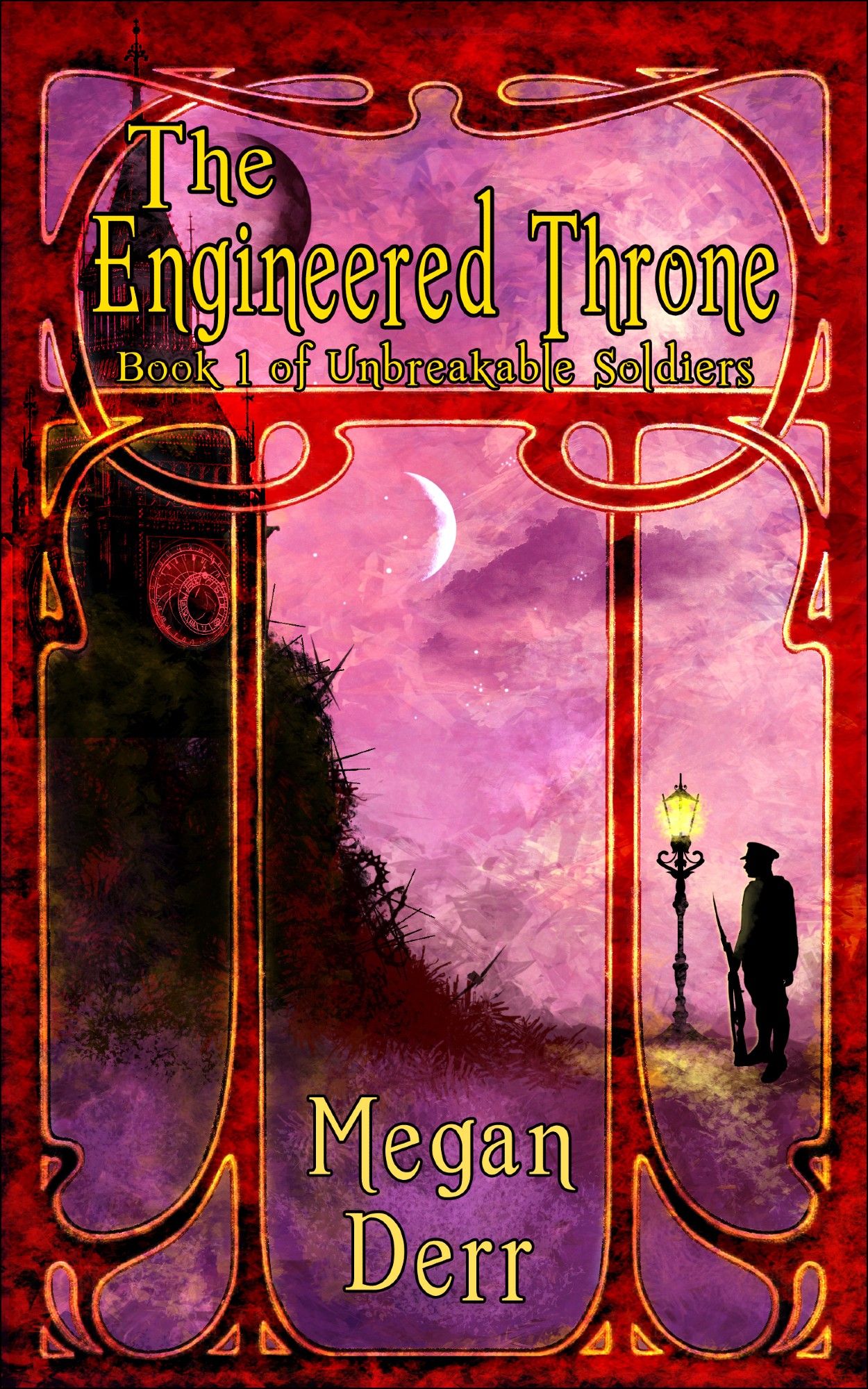 Book cover: Silhouette of soldier standing by a lamp post, looking into a pink night sky with two moons.