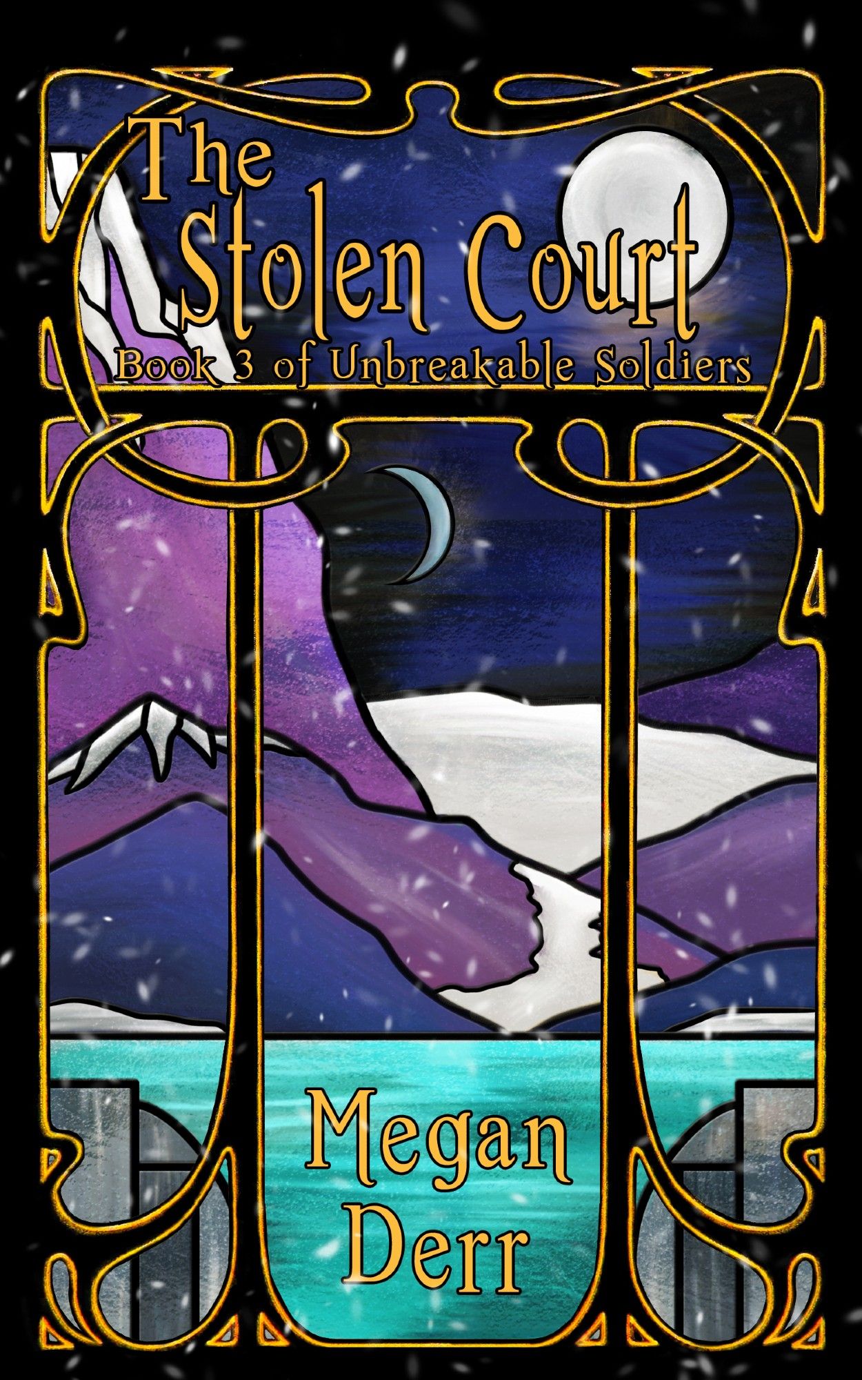 Book cover: Looking out through an ornate window at high, snow-covered purple mountains and a water-covered city. Two moons - one full and one crescent - appear in the sky.