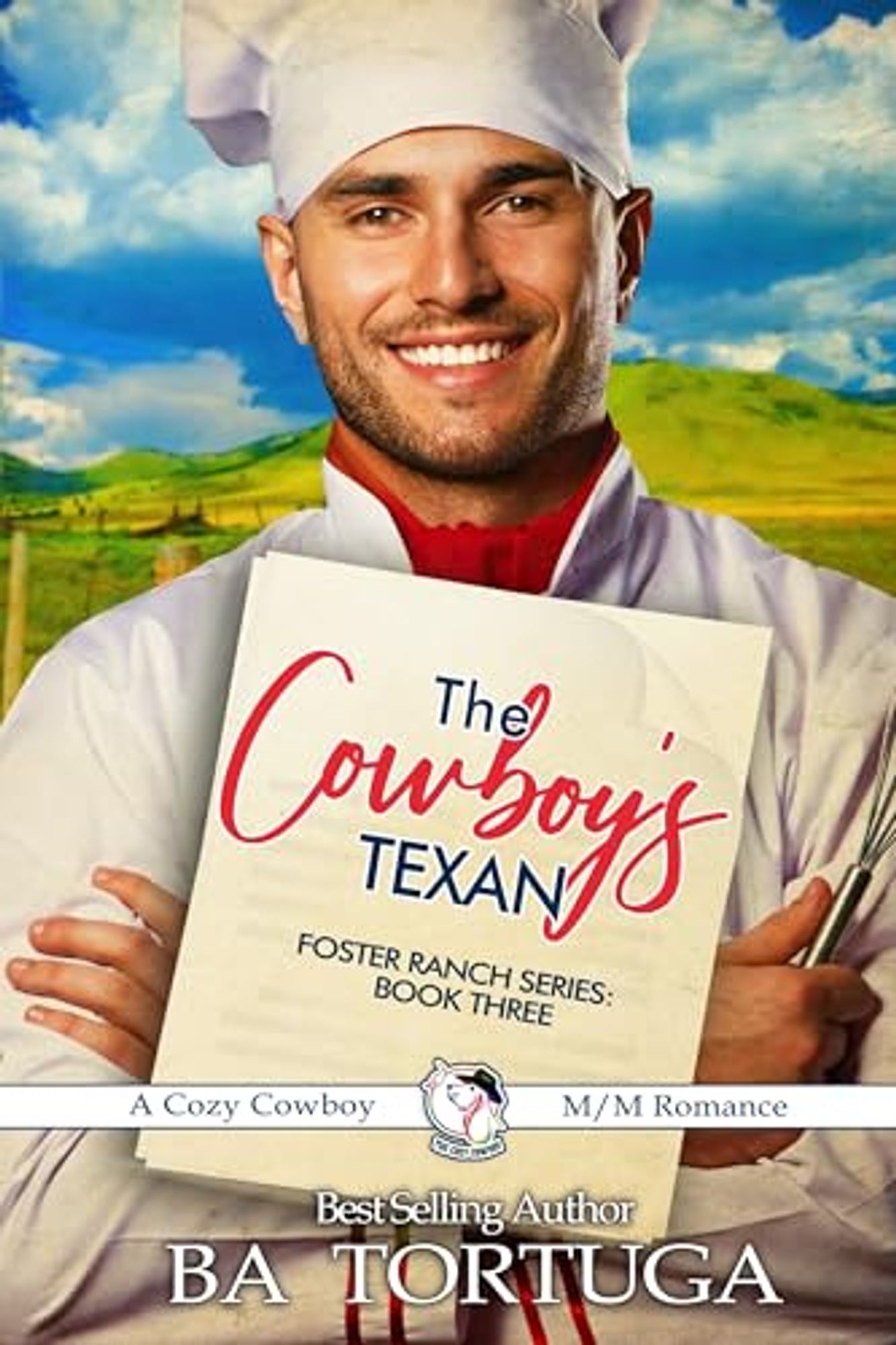 Book cover: A smiling chef in a chef's hat and white chef's jacket with blue skies and mountains behind him.