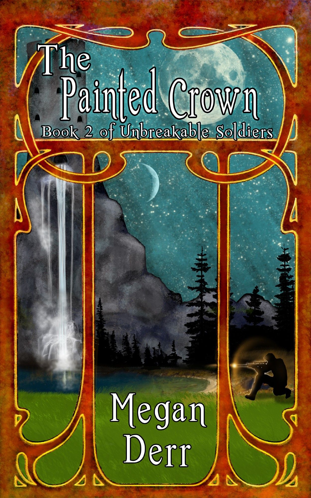 Book Cover: Looking through an ornate window at a tall mountain with a waterfall and a nightsky with two moons and many starts.