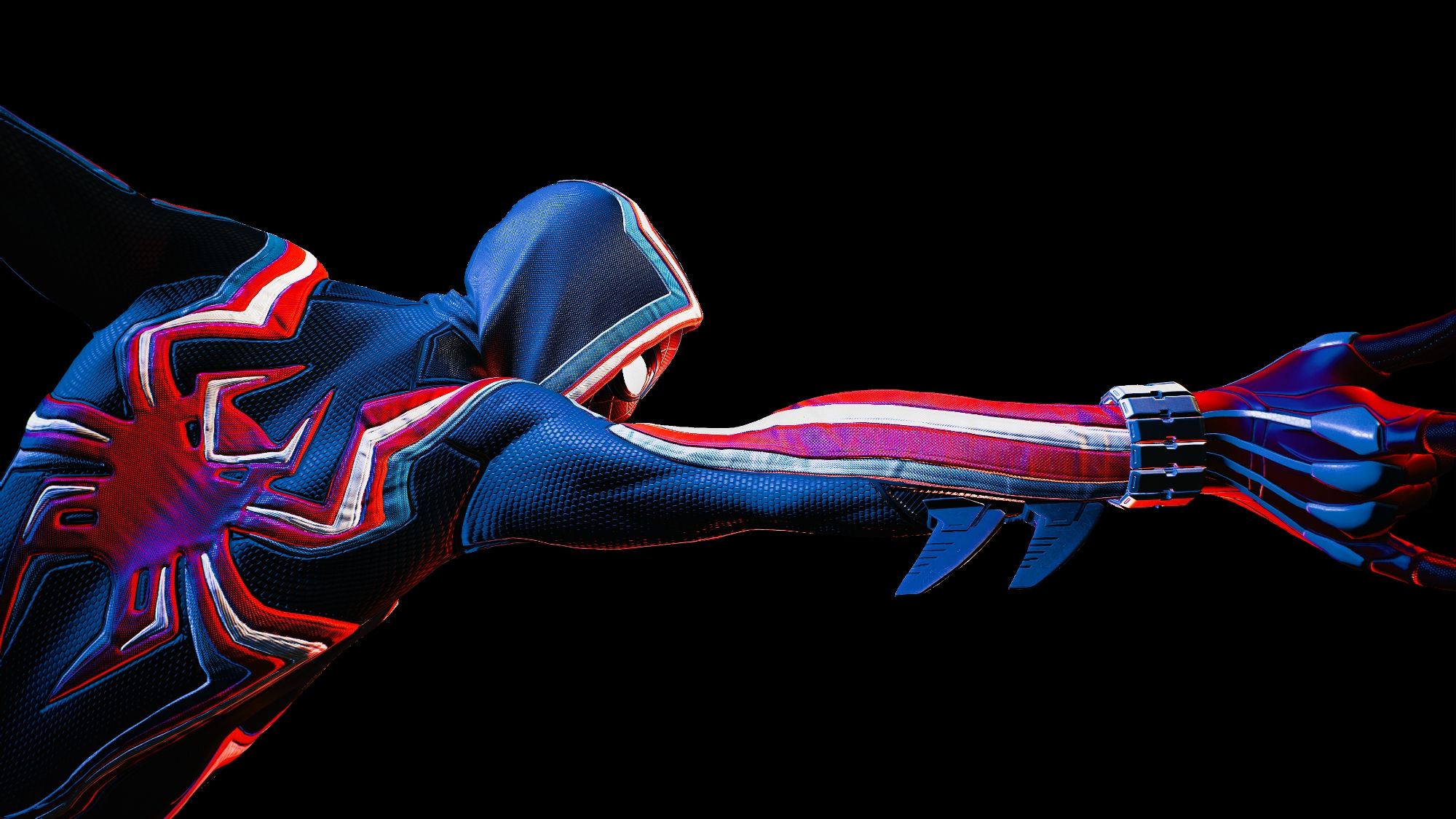 Imagem do jogo "Spider-Man 2".

Utilizando o modo foto, foi feita uma captura do Miles Morales utilizando o traje Spider Man 2077, onde ele está em pose de atirar teia com o braço direito em mão de rock e o braço esquerdo para trás fora de destaque na imagem. Ele está de costas com um olhar cerrado. A imagem não tem fundo, somente um fundo preto.

Também tem em destaque uma iluminação "Neon" com cores vermelhas e azul bem forte.