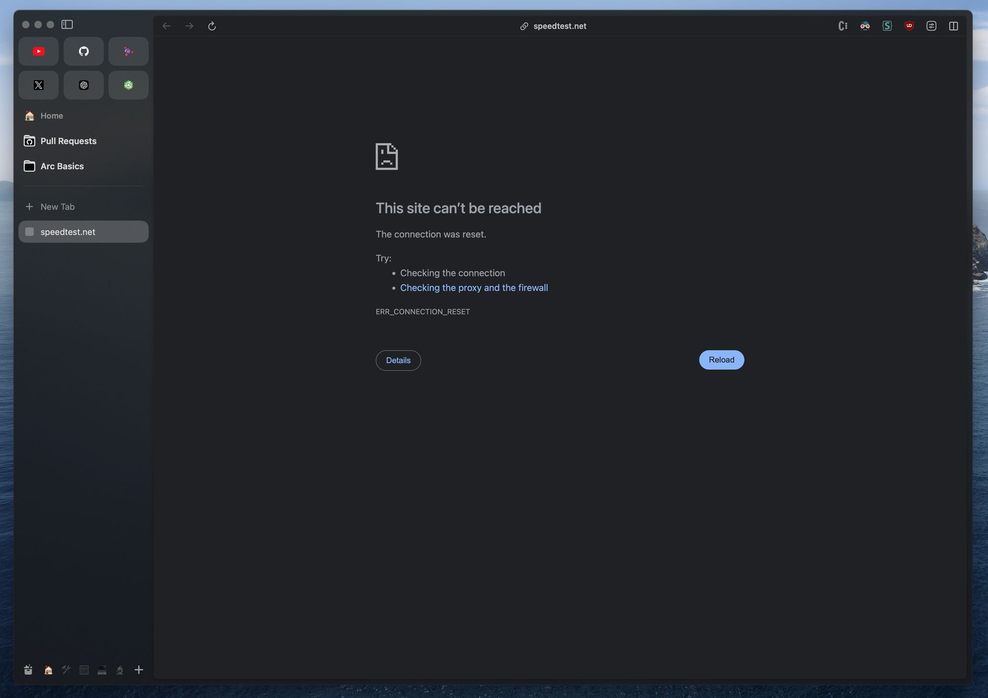 arc window showing a tab to speedtest.net open, with an error displaying:
"This site can't be reached"
"The connection was reset"