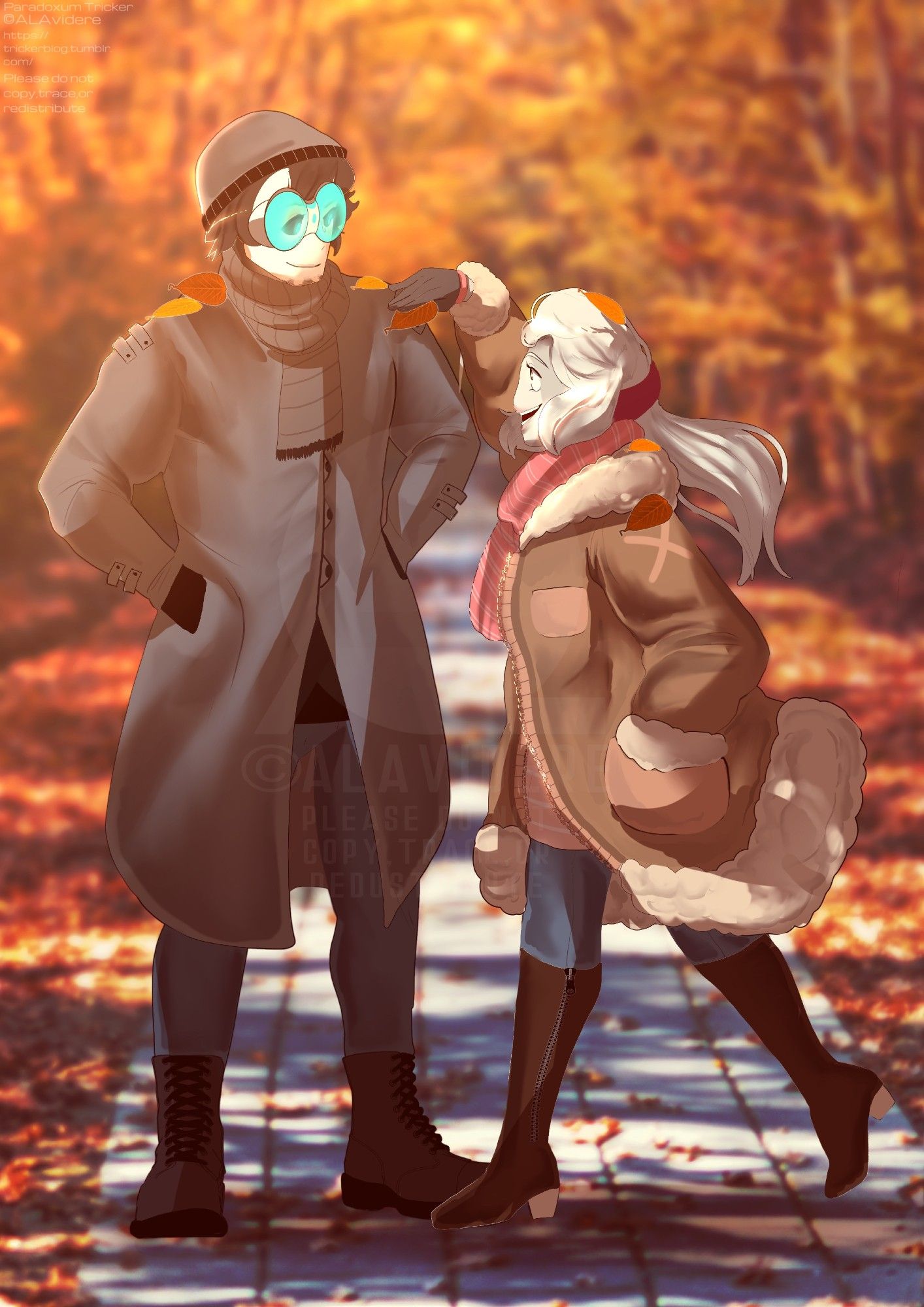 Autumn theme illustration with my characters, Ariel and Deltra. Ariel is pulling a leaf off Deltra's shoulder while they walk in the park on a breezy day.