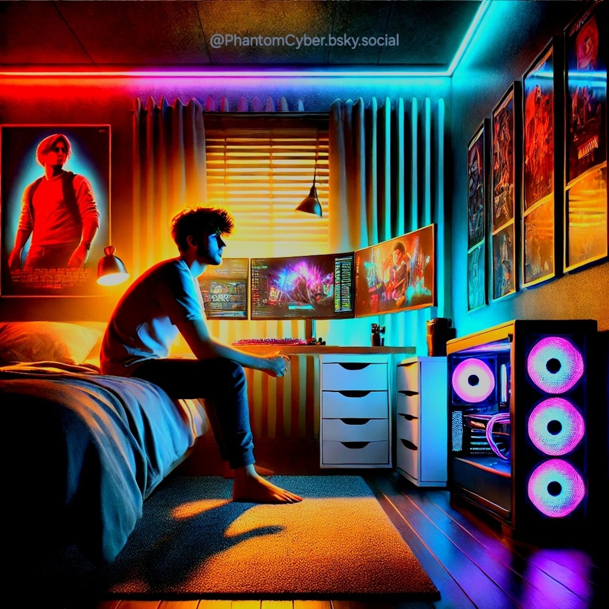 Nome da arte: "Imersão Digital"

Legenda: "Um jovem gamer envolto em um ambiente luminoso, onde as cores vibrantes das luzes RGB transformam seu quarto em um espaço de pura imersão e criatividade digital."