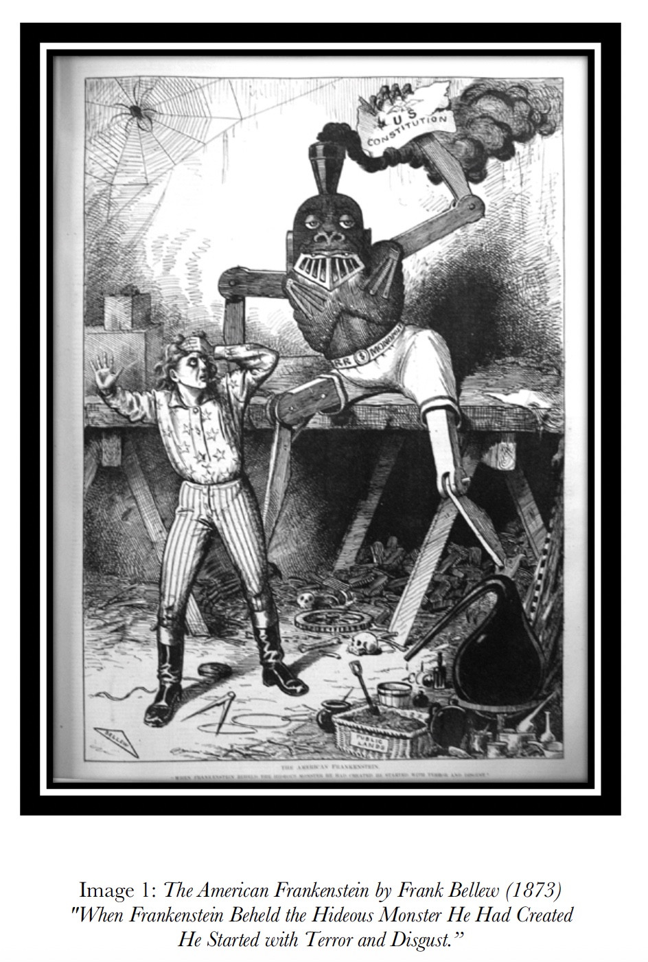 The American Frankenstein by Frank Bellow (1873), "When Frankenstein Beheld the Hideous Monster He Had Created He Started with Terror and Disgust."