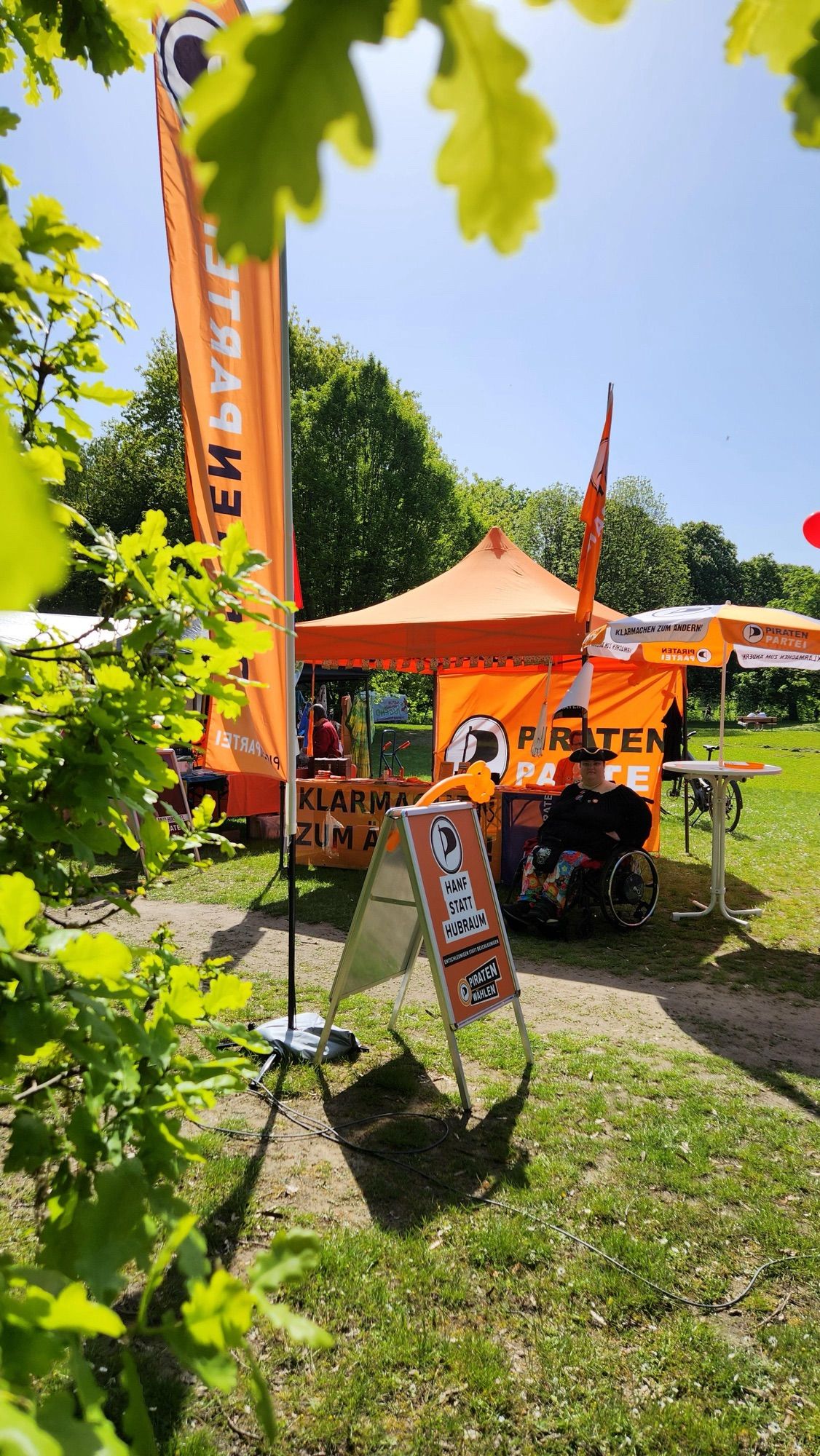 Ein Informationsstand der Piraten Braunschweig am linken Rand von Ästen eingerahmt