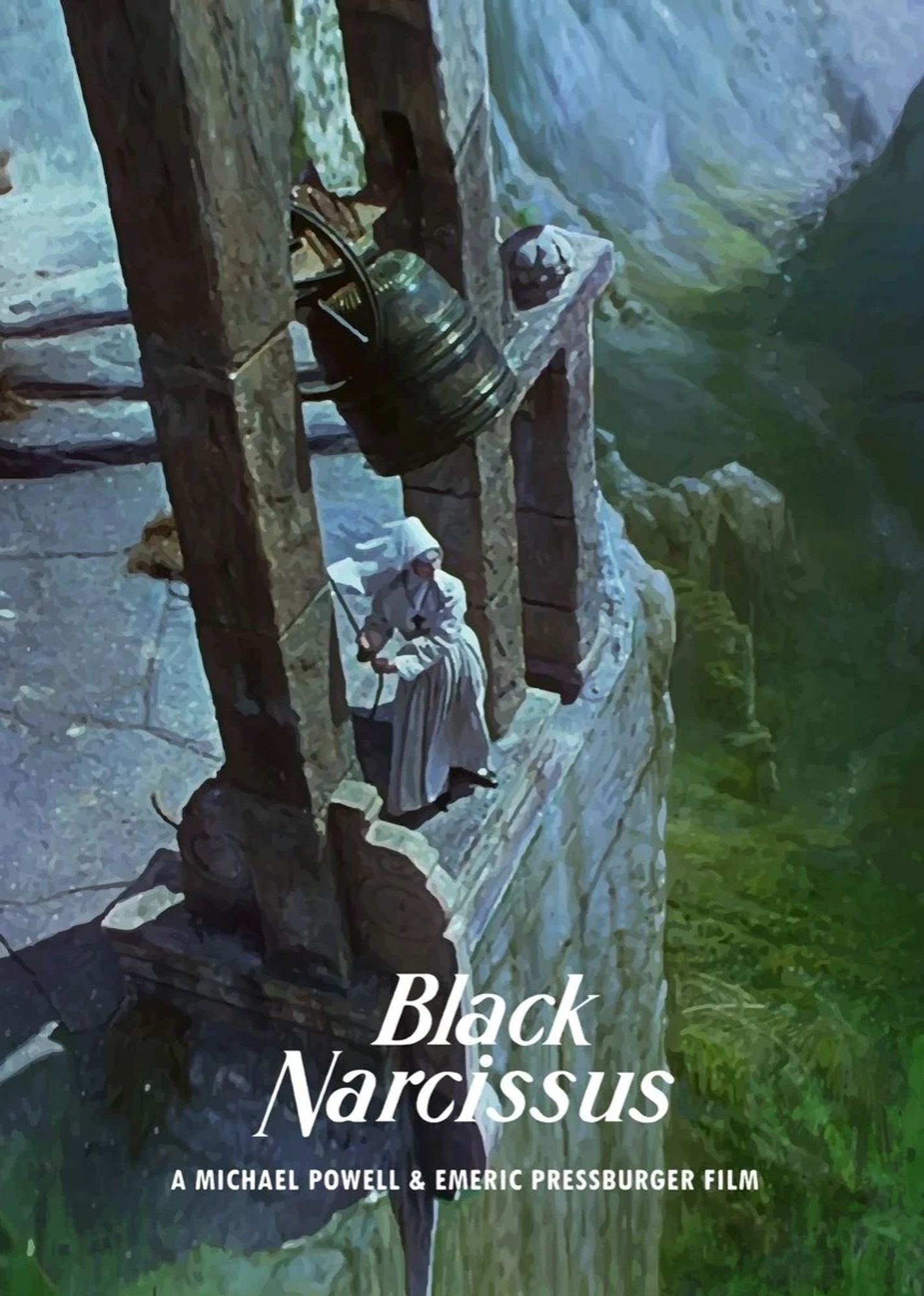 Beeld uit de film Black Narcissus. Een non in een wit gewaad en witte hoofddoek staat op de rand van een afgrond en luidt een klok die aan een houten klokkentoren hangt. Op de achtergrond in de diepte een groene vallei en kale berghellingen.