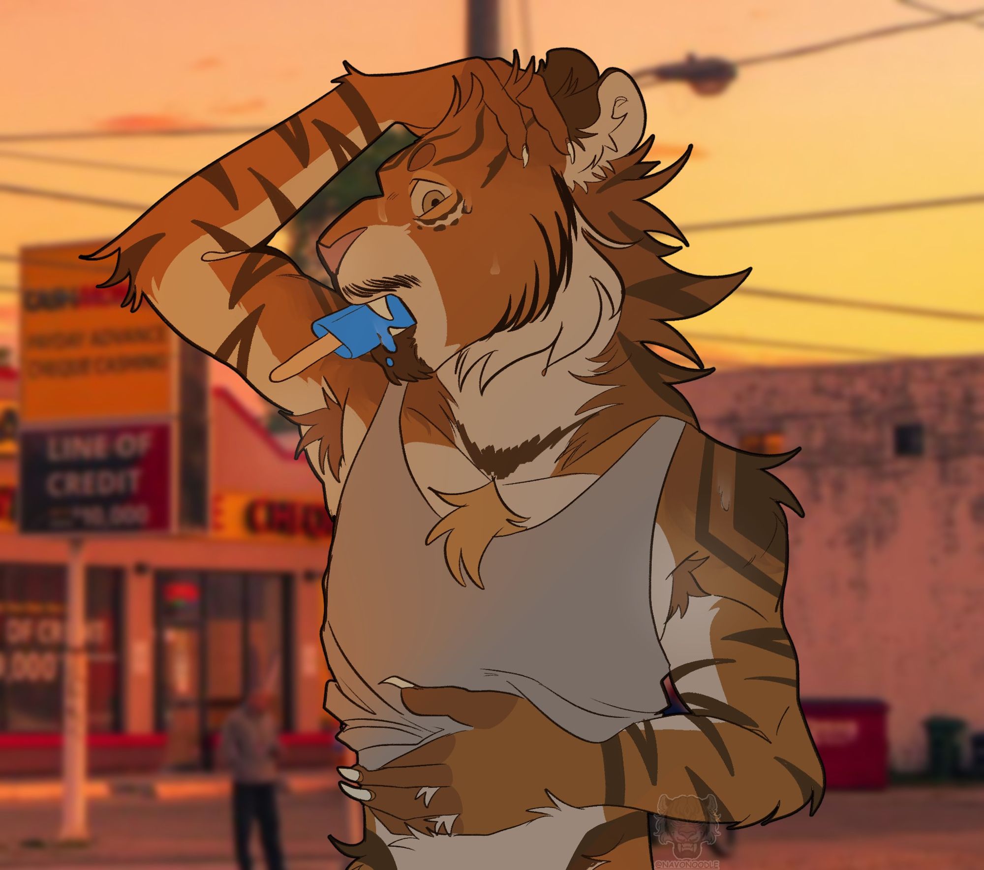 a drawing of a furry tiger eating ice cream and suffering from the heat