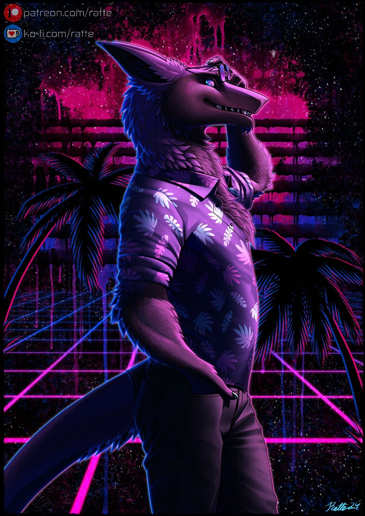 A purple sergal poses against a vaporwave-style retro sunset background.