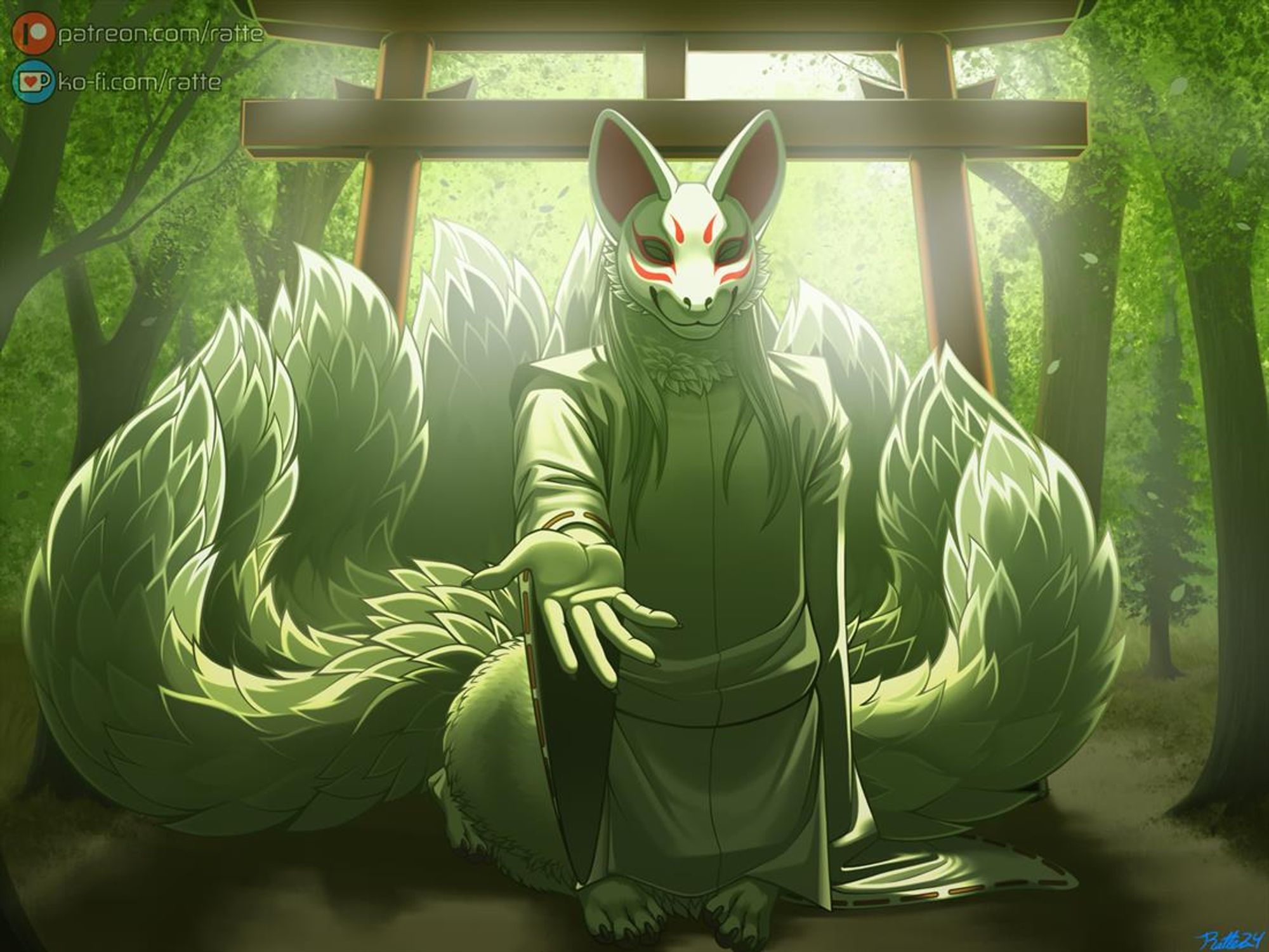 A kitsune taur wearing a mask lays down by a torii (shinto arch) and extends a hand to the viewer.