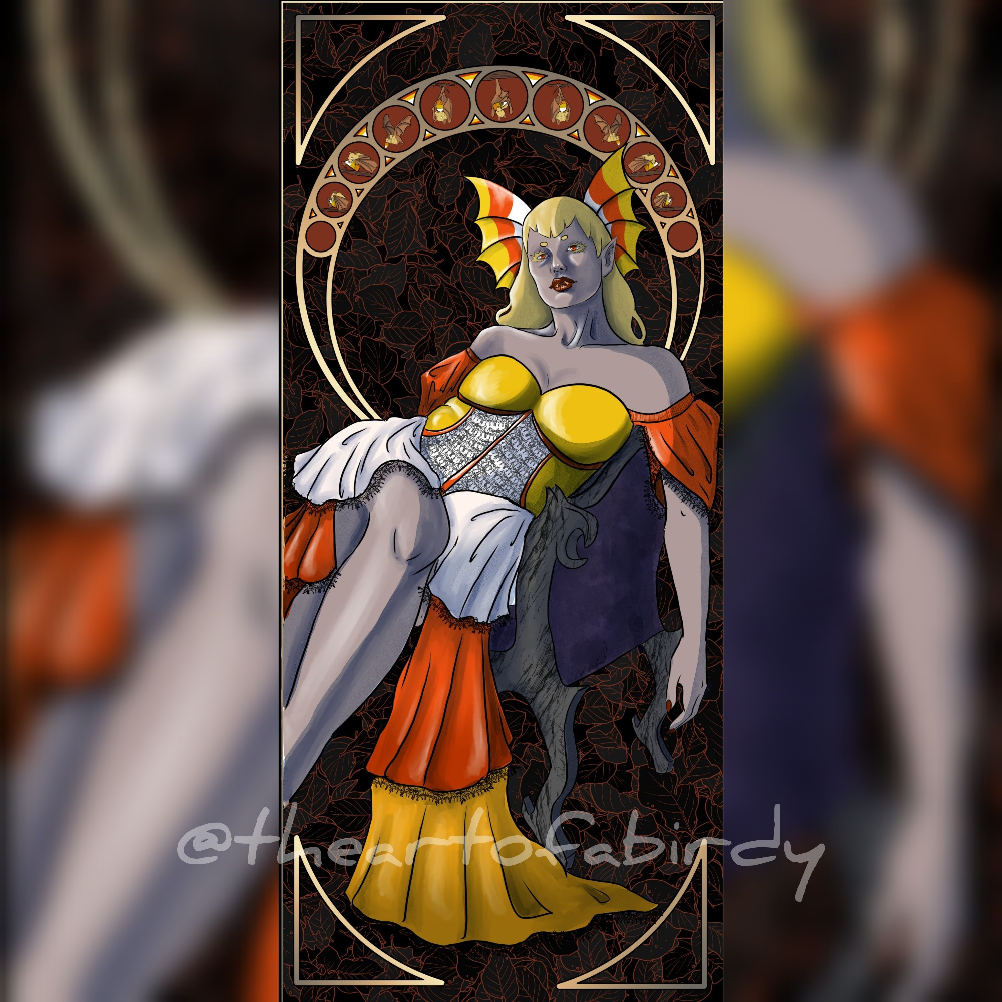 Digital illustration in an art nouveau style of a vampire inspired by candy corn with a layered yellow orange and white color palette and bats holding candy corn above her head