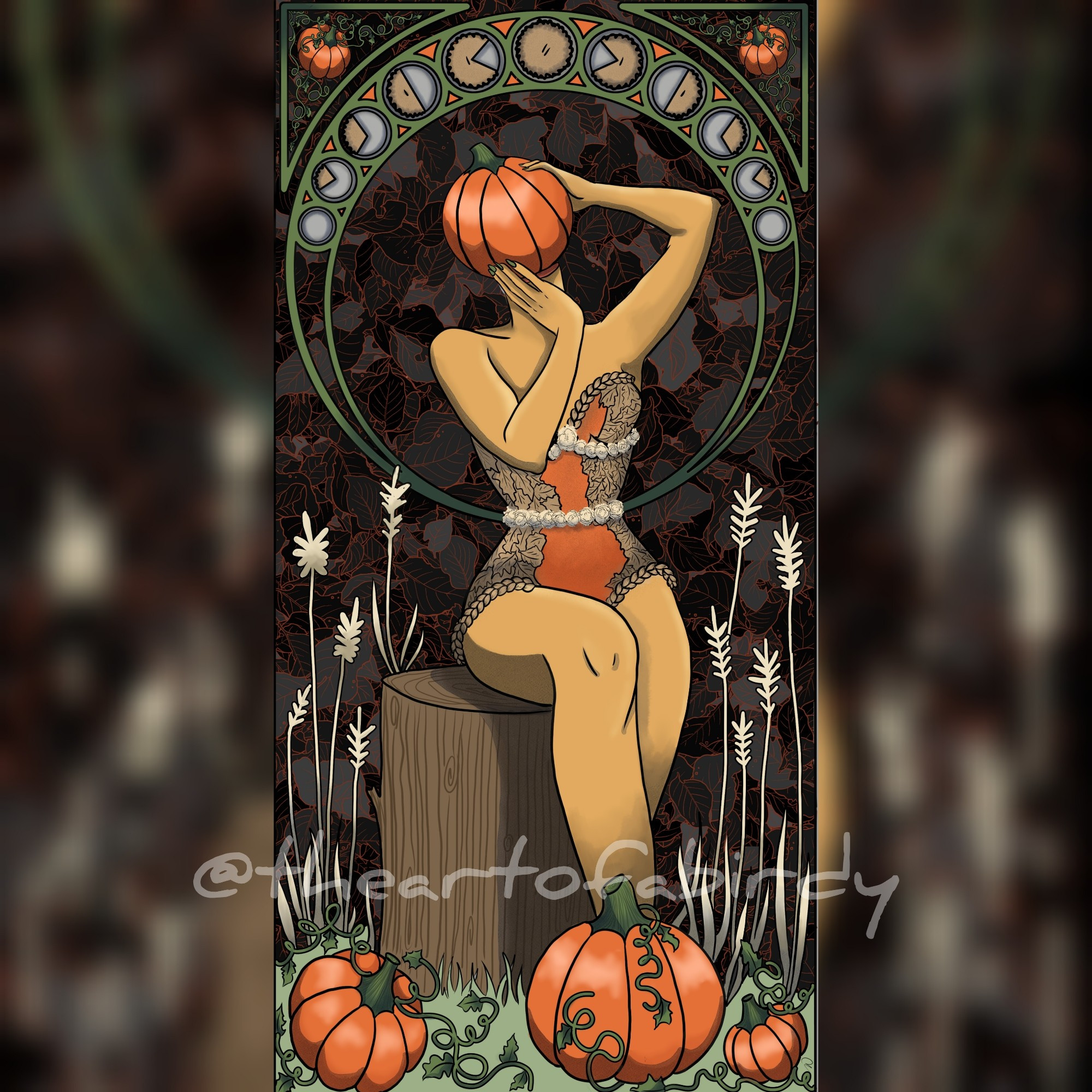 Digital illustration in an art nouveau style of a pumpkin Pie Scarecrow