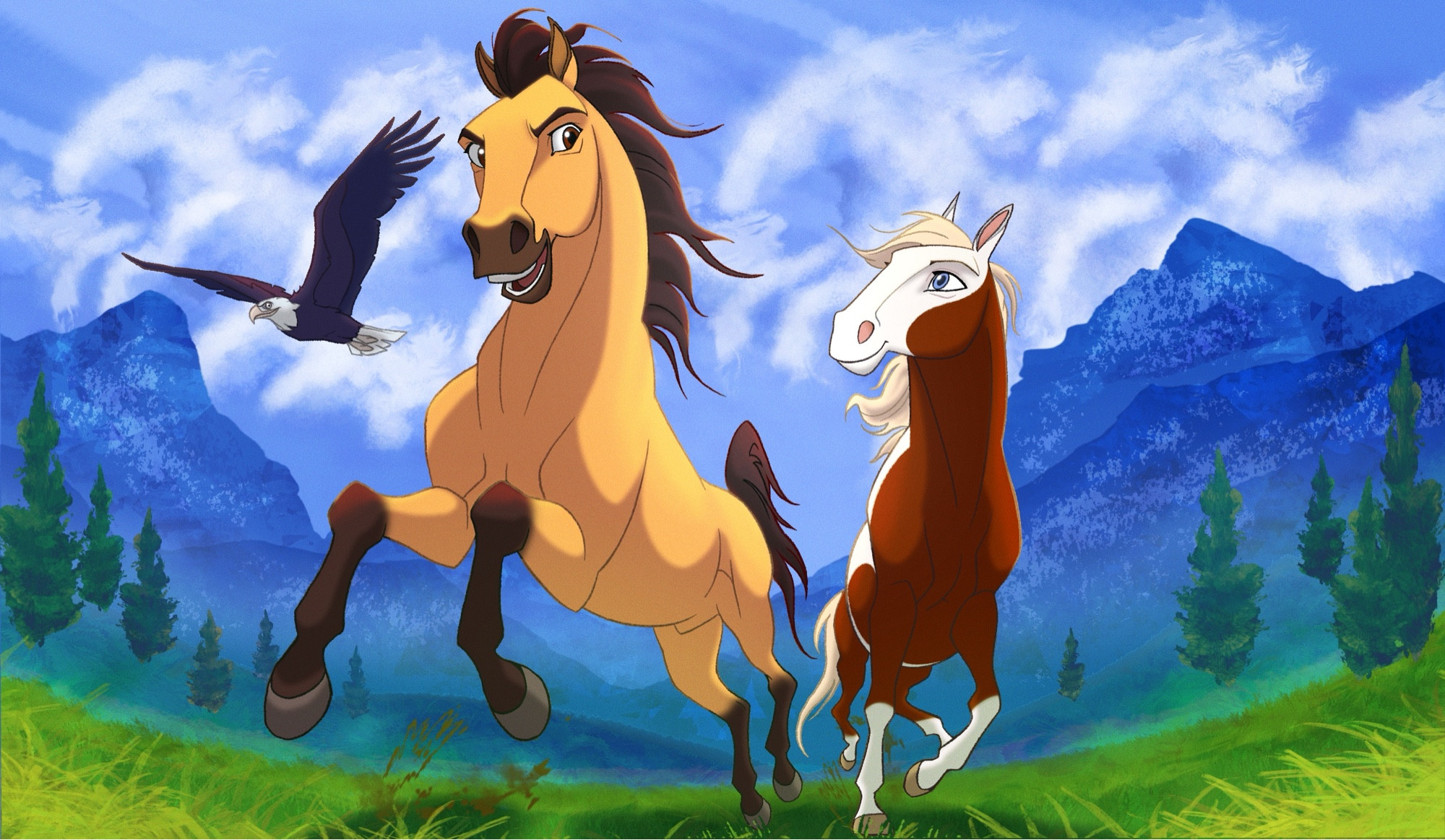 Spirit stallion of the cimarron, spirit, rain, and and eagle, running through the open plain, mountains, trees in background, green grass, bright blue sky, fluffy white clouds vaguely the shape of horses