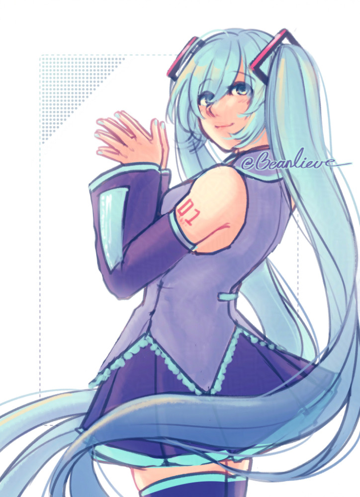 Fanart of Hatsune Miku looking back at the camera with her hands together.