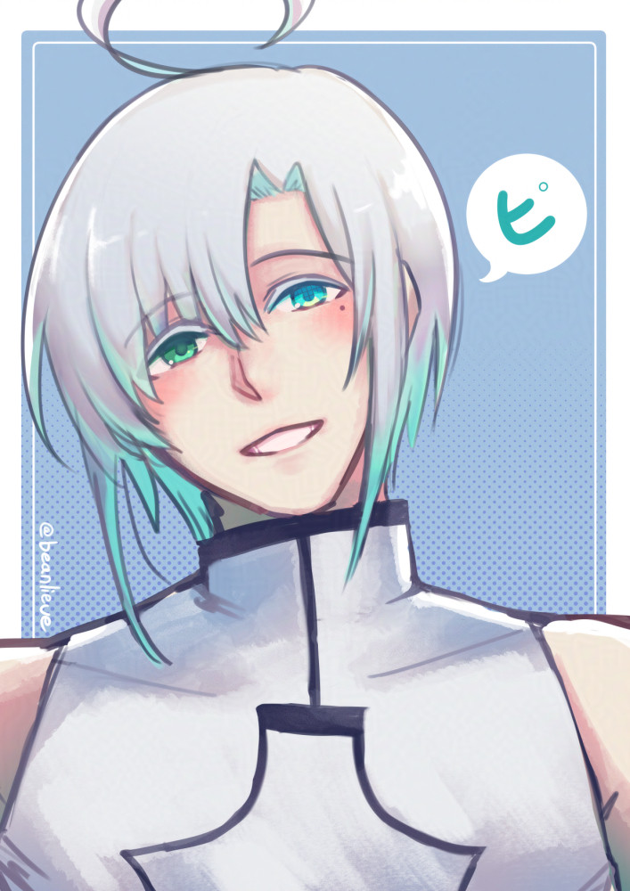 Fanart of Utatane Piko smiling while saying "Pi"! There's a mole by the corner of his left eye in reference to the circular mark used in the katakana for "Pi".