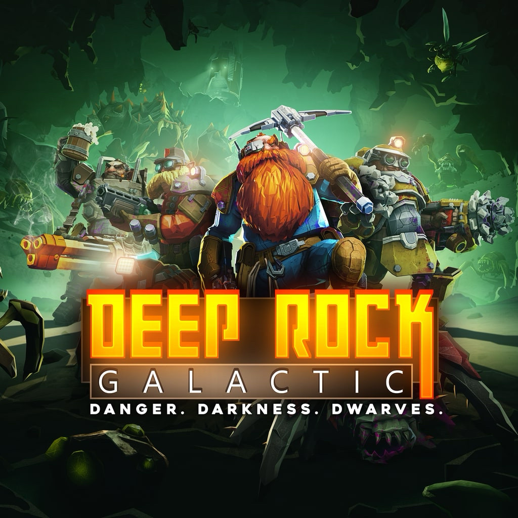 Deep Rock Galactic
Danger. Darkness. Dwarves

4 space dwarves are arranged in box art hero formation, weapons ready as a swarm of alien bugs approach.