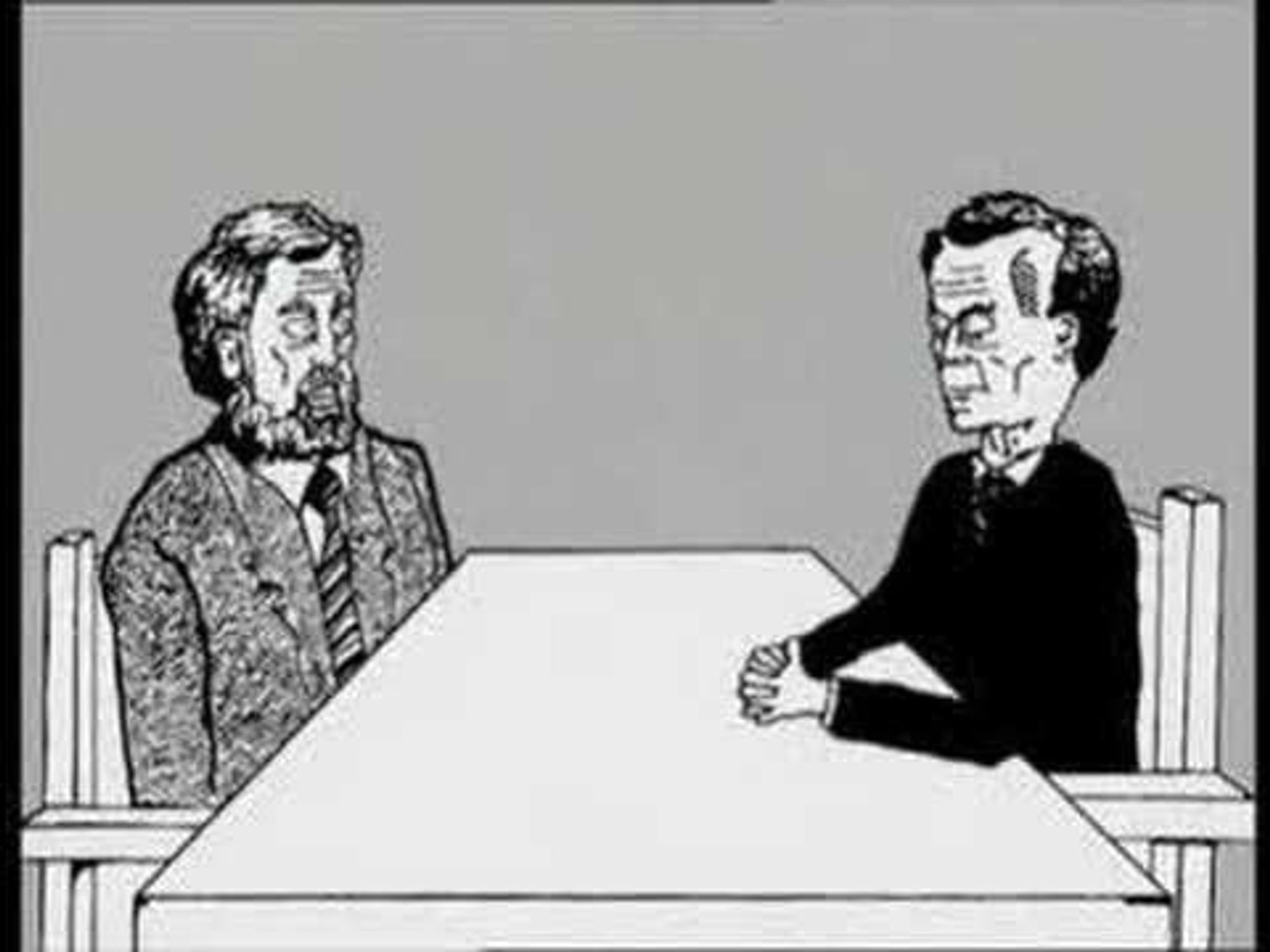 The staring competition sketch from Big Train. Slightly disturbing black and white cartoon of two men staring intently at each other across a table.