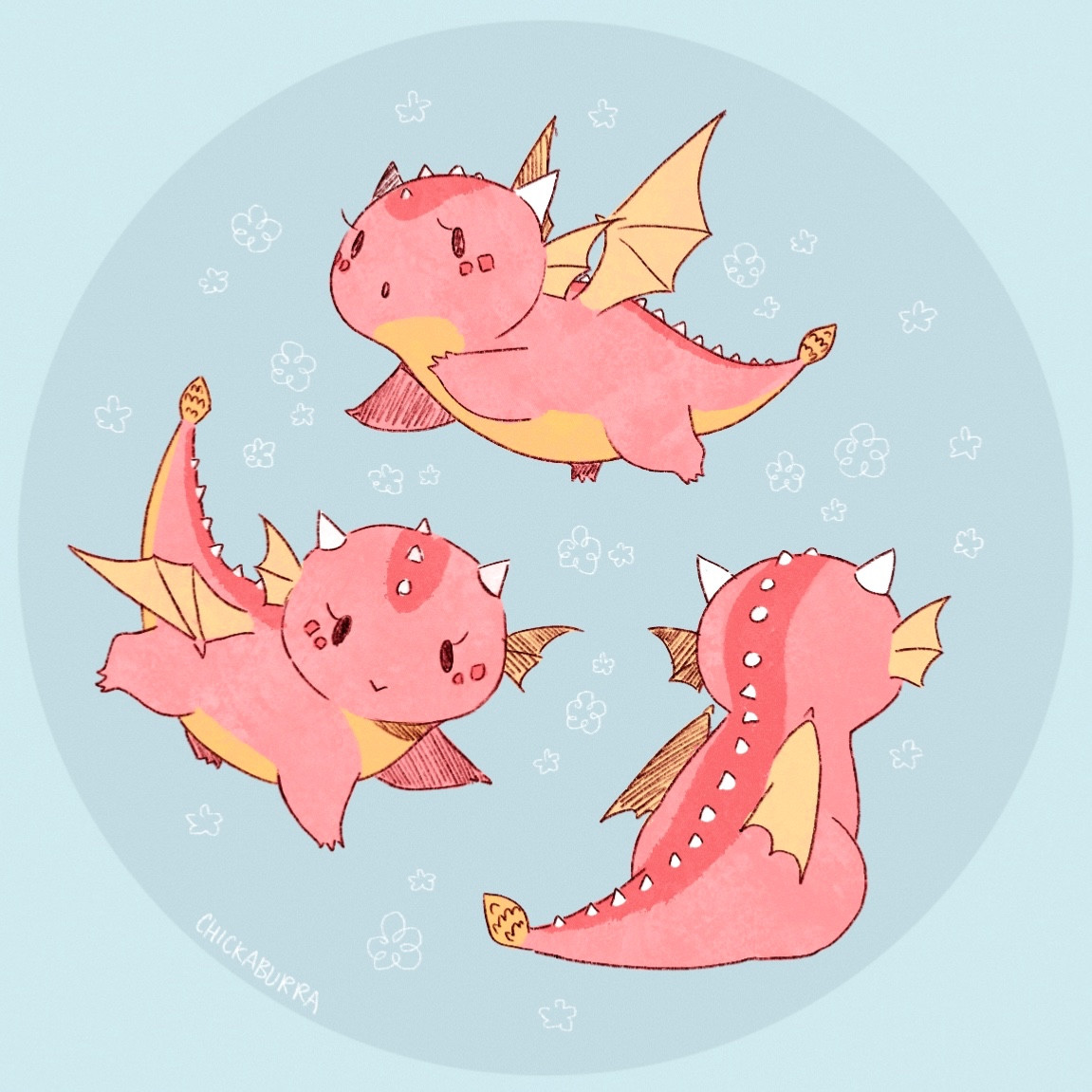 Three cutesy doodles of a tiny, round, pink-and-yellow dragon in various poses against a light blue background with delicate flowers.