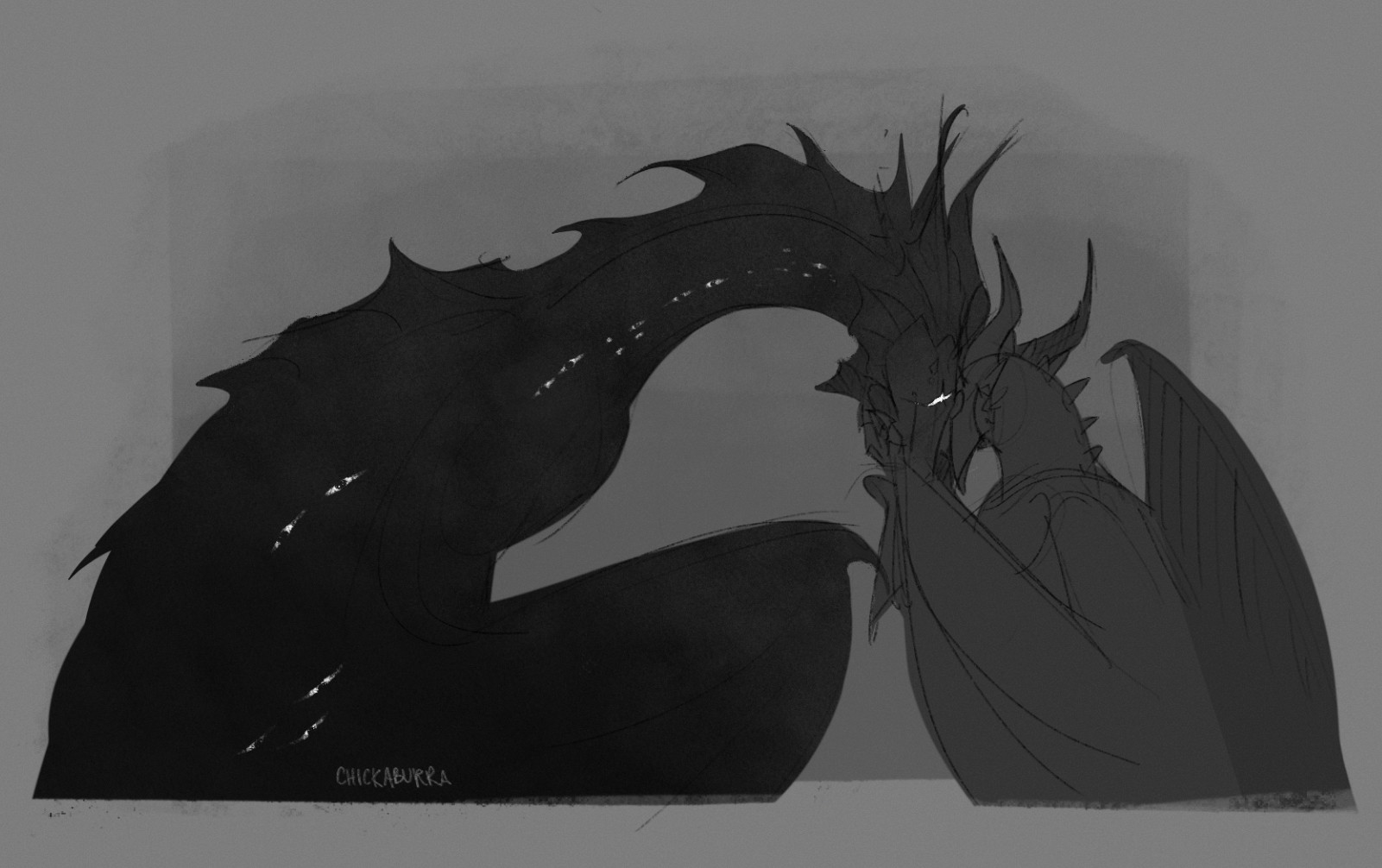 A dark, somber, monochromatic drawing of two dragon-like creatures affectionately resting their heads against each other. The dragon on the left is larger, thinner, more grotesque, covered in shadow. Heavy-lidded eyes line its side. Her head is bowed down and her expression is weary and sad. The other dragon on the right is bipedal. He holds her head gently in his hands and leans his head against hers.