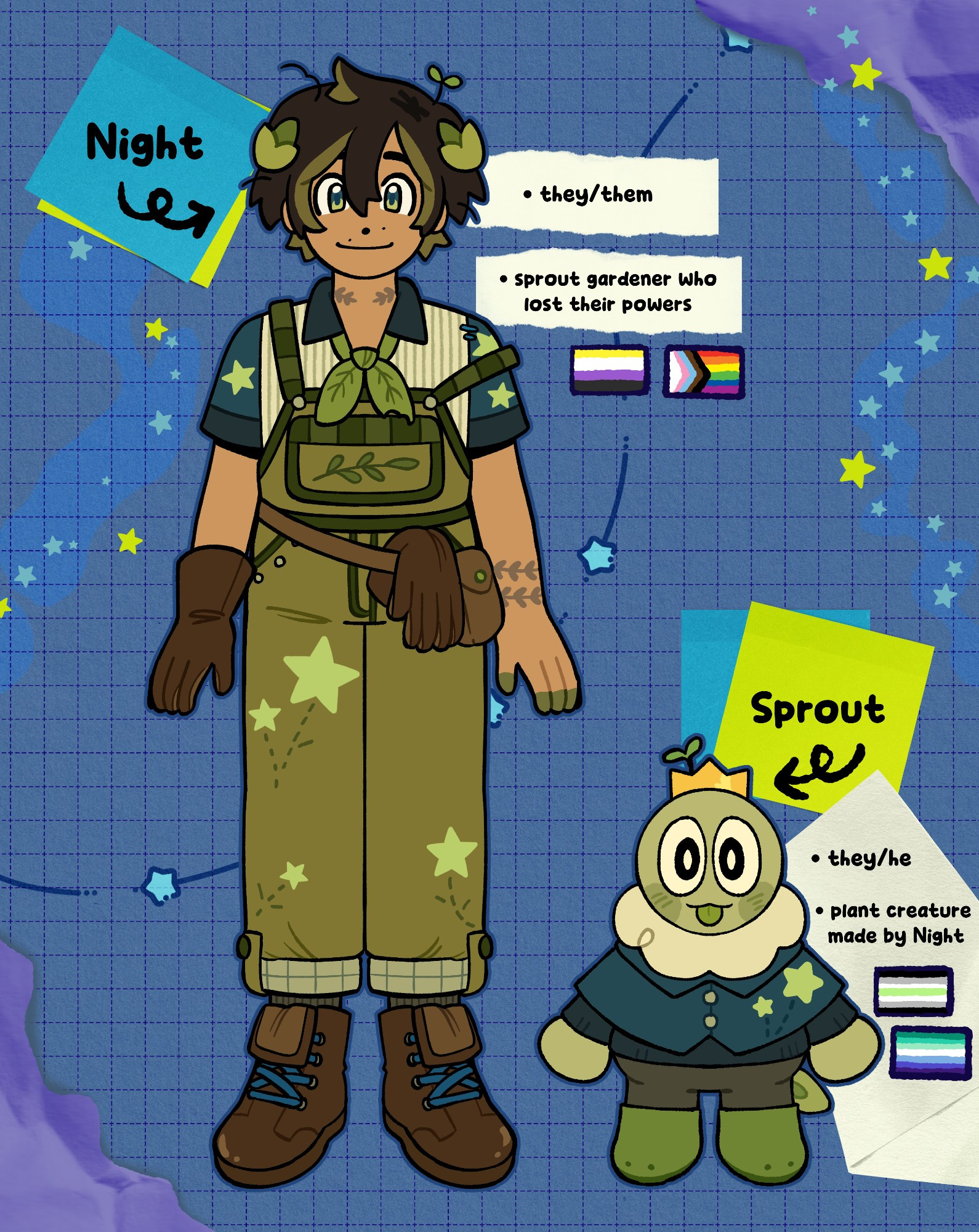 A sprout gardener is standing up and smiling on a reference sheet. They are wearing green overalls, brown boots with blue shoelaces, a white collared shirt with green vertical lines, blue short sleeves with glow-in-the-dark stars on them, a handkerchief tied in the shape of leaves, and a belt with a pouch. They have one brown glove on while the other is hanging off the belt. They have tattoos on their left wrist and neck that look like laurels. They have spiky brown hair with green highlights. Their hair roots are showing which is darker brown. On top of their head is a sprout.

On a blue sticky note it says "Night" with an arrow pointed at them. Next to them are 2 ripped papers with 2 bullet points that say "they/them" and "sprout gardener who lost their powers". Underneath are the nonbinary flag and the rainbow progress flag.

There is also a small green creature that has their tongue sticking out and standing. Their neck is covered by fluff. On top of their head is a crown with a sprout poking out. They are wearing a light navy poncho with two green buttons. On the poncho, there are two glow-in-the-dark stars with dark navy stitching. Underneath they are wearing a dark navy sweater and grey pants. They are wearing green frog rain boots. They have a tadpole tail sticking out from the back.

On a yellow-green sticky note is says "Sprout" with an arrow pointing at them. Next to them is a folded piece of paper with 2 bullet points that say "they/he" and "plant creature made by Night". Underneath are the agender flag and the gay pride flag.

The background of the reference sheet is dark blue with a darker blue dashed grid. There are light blue and yellow-green stars scattered around. Two purple ripped pieces of paper on placed in the upper right corner and left lower corner.