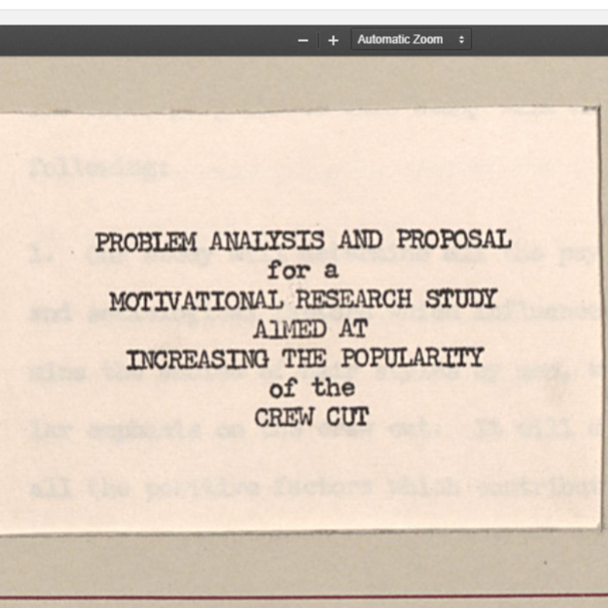 Image of a report titled "Problem Analysis and Proposal for a Motivational Research Study Aimed at Increasing the Popularity of the Crew Cut"