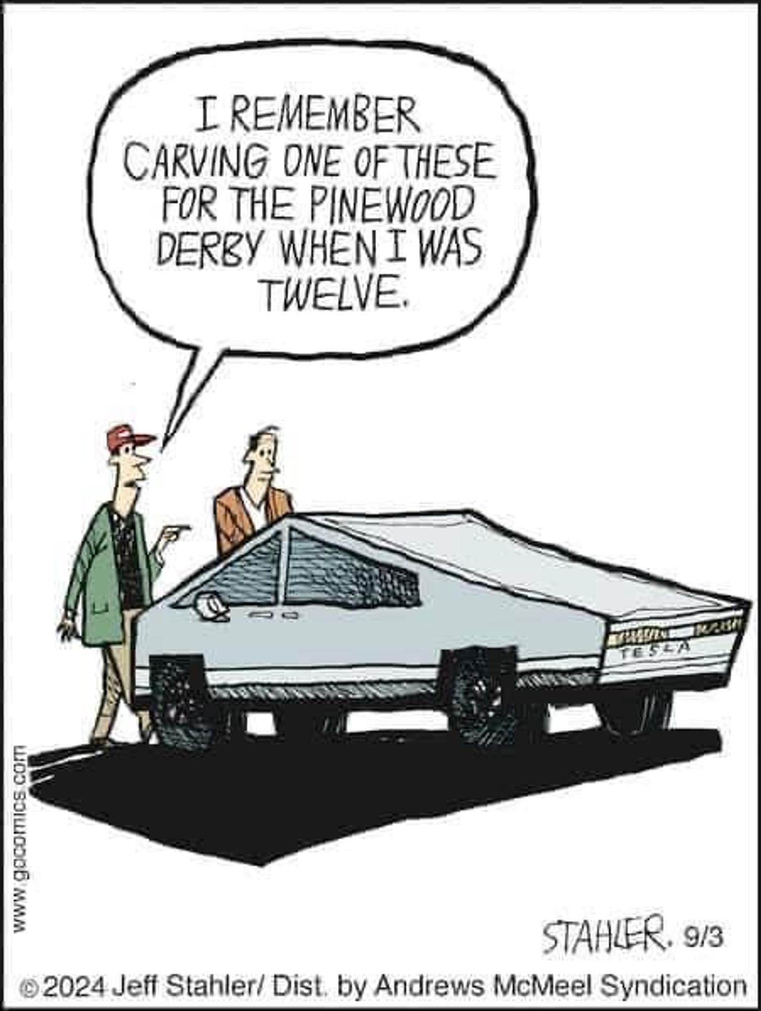 A cartoon of a person pointing to a Cyber Truck saying "I remember carving one of those for the pinewood derby when I was twelve".