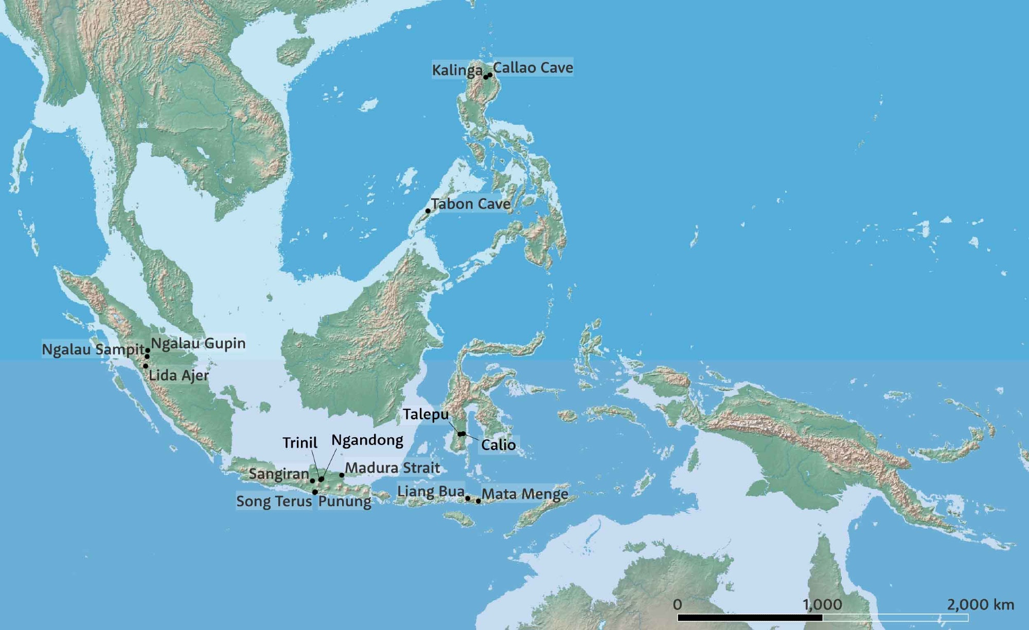 Map of island Southeast Asia showing locations of selected archaeological sites with Pleistocene evidence. 