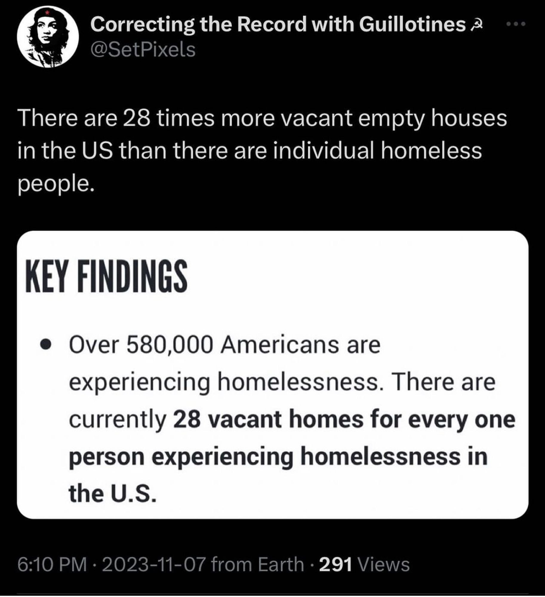 Correcting the Record with Guillotines a @SetPixels
There are 28 times more vacant empty houses in the US than there are individual homeless people.
KEY FINDINGS
• Over 580,000 Americans are experiencing homelessness. There are currently 28 vacant homes for every one person experiencing homelessness in the U.S.
6:10 PM • 2023-11-07 from Earth • 291 Views