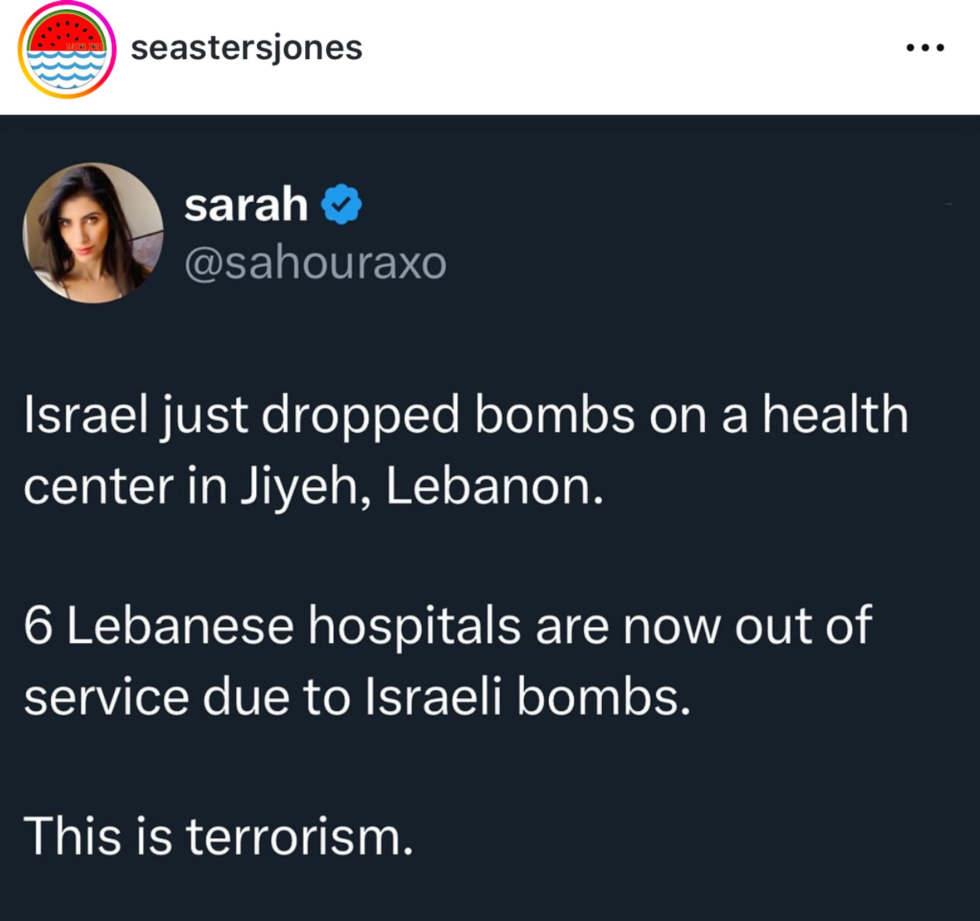 seastersjones
sarah
@sahouraxo
Israel just dropped bombs on a health center in Jiyeh, Lebanon.
6 Lebanese hospitals are now out of service due to Israeli bombs.
This is terrorism.