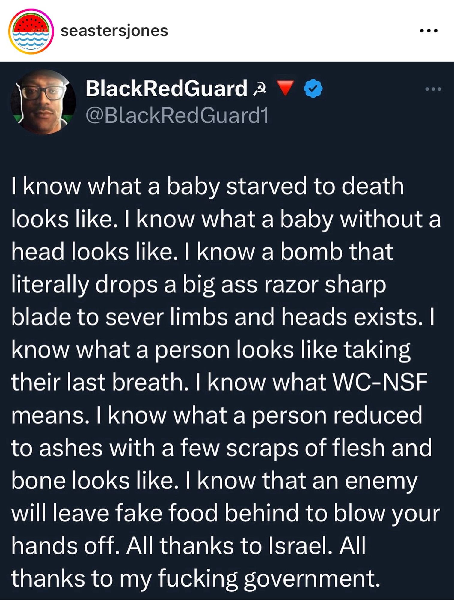 seastersjones
BlackRedGuard & V
@BlackRedGuard1
I know what a baby starved to death looks like. I know what a baby without a head looks like. I know a bomb that literally drops a big ass razor sharp blade to sever limbs and heads exists. I know what a person looks like taking their last breath. I know what WC-NSF means. I know what a person reduced to ashes with a few scraps of flesh and bone looks like. I know that an enemy will leave fake food behind to blow your hands off. All thanks to Israel. All thanks to my fucking government.