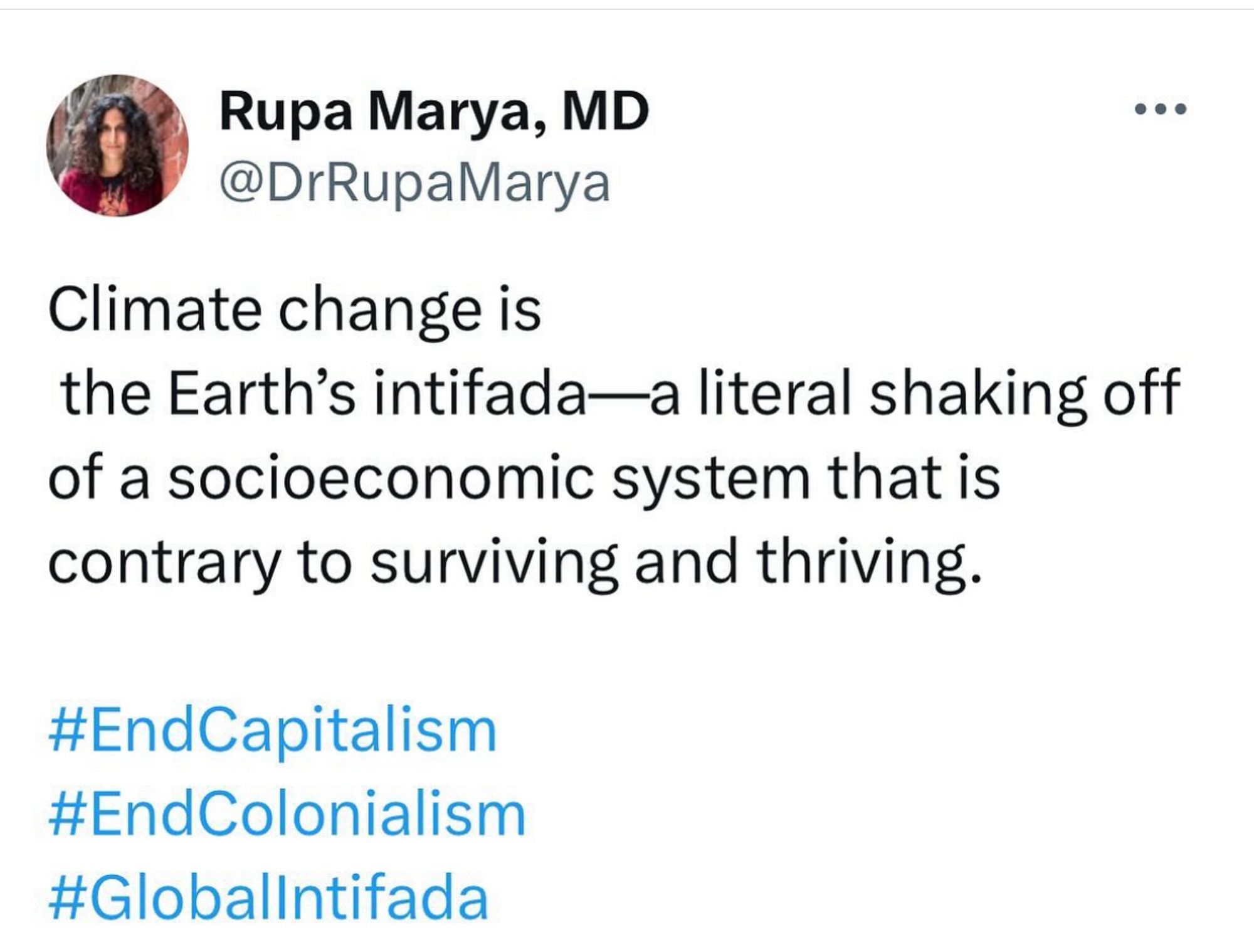 Rupa Marya, MD
@DrRupaMarya
• • •
Climate change is
the Earth's intifada—a literal shaking off of a socioeconomic system that is contrary to surviving and thriving.
#EndCapitalism #EndColonialism #Globallntifada