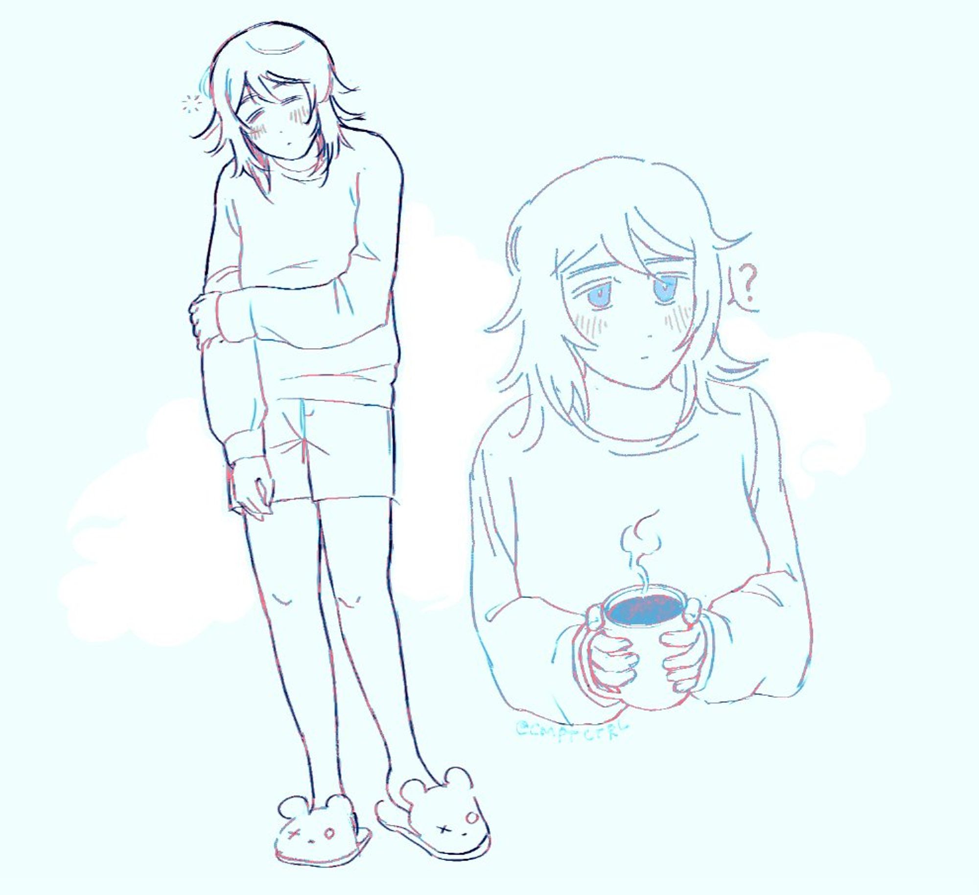 A digital sketch of Faust from Limbus Company. On the left she's depicted in a full body view, wearing a sweatshirt, shorts, and bear slippers. She's holding her right arm, eyes closed sleepily and her hair in disarray. On the right is a torso view, holding a cup of coffee to her chest with a blank expression and a question mark speech bubble, still trying to wake up.