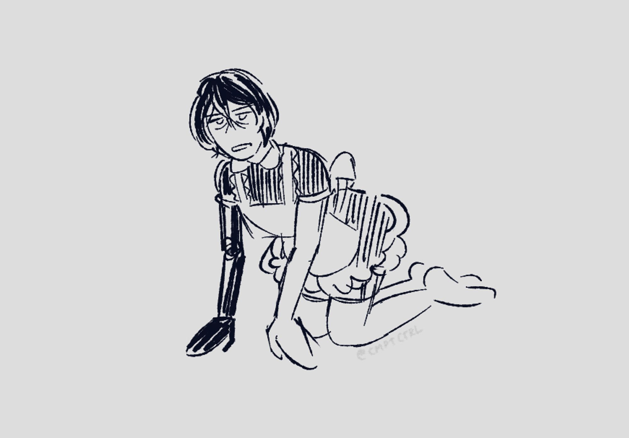 A digital sketch of Moses from Distortion Detective. She's kneeling with a puzzled expression as she looks at the viewer, dressed in a short maid outfit, with her right arm being a metal prosthetic.