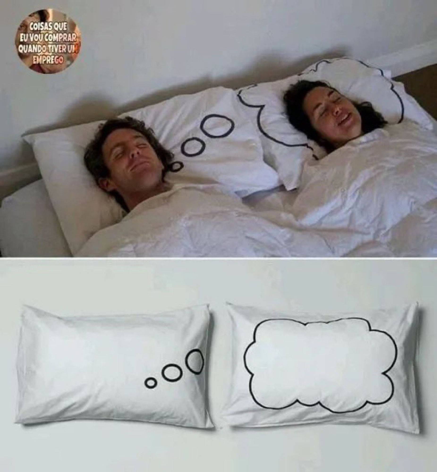 The original meme of a couple sleeping side by side, with the pillow designs showing that the left person is thinking of the right person.