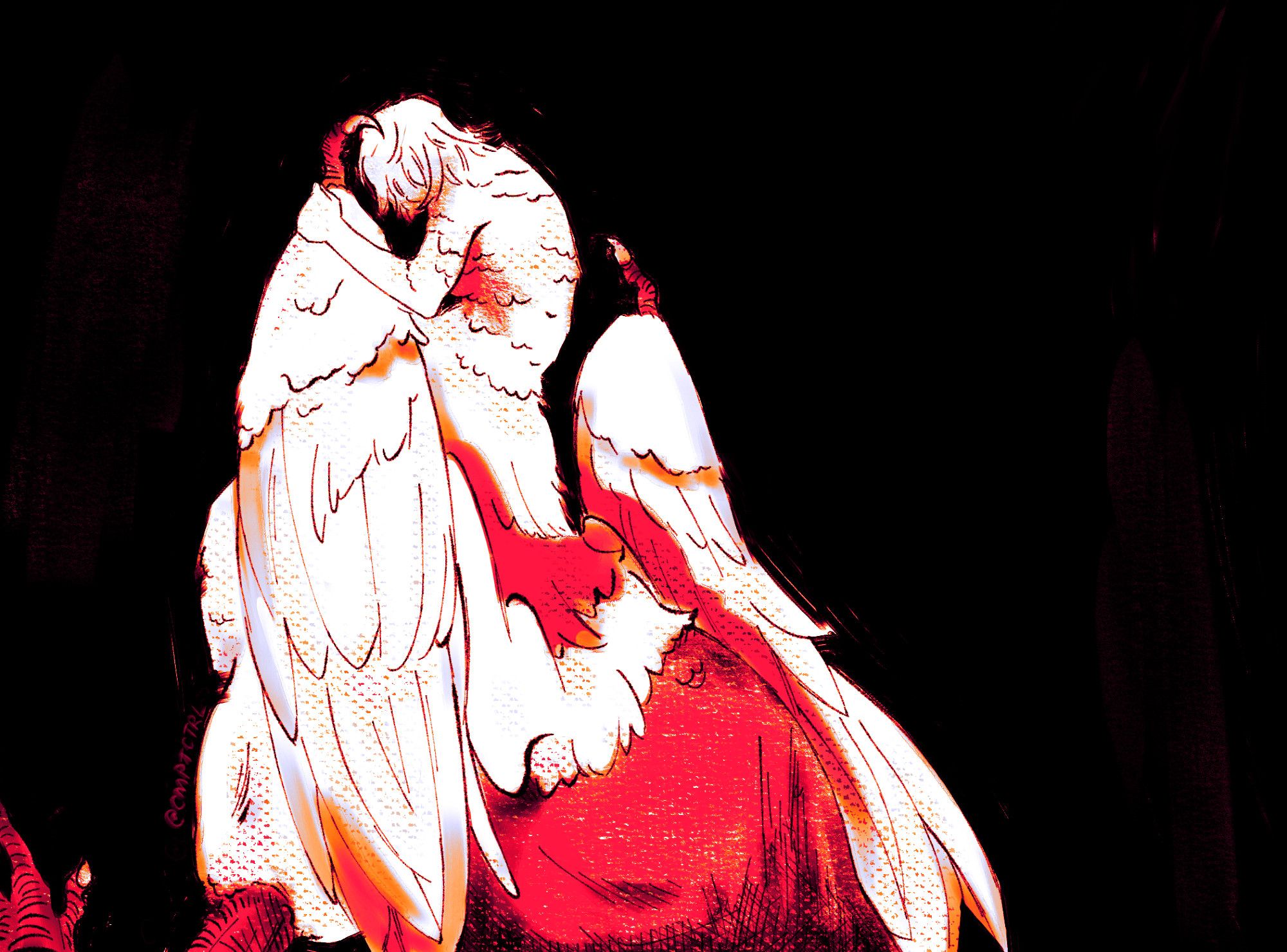 A digital drawing of Falin from Dungeon Meshi, in her full chimera form. Her head hangs down, hair obscuring her face fully as she hugs one of her wings close, the claw curled towards her. Half of her dragon torso is shown cut off by the canvas, including one clawed leg, depicted in a vibrant red with dramatic dark shadows. The majority of Falin is a bright white, contrasting with the stark black background.