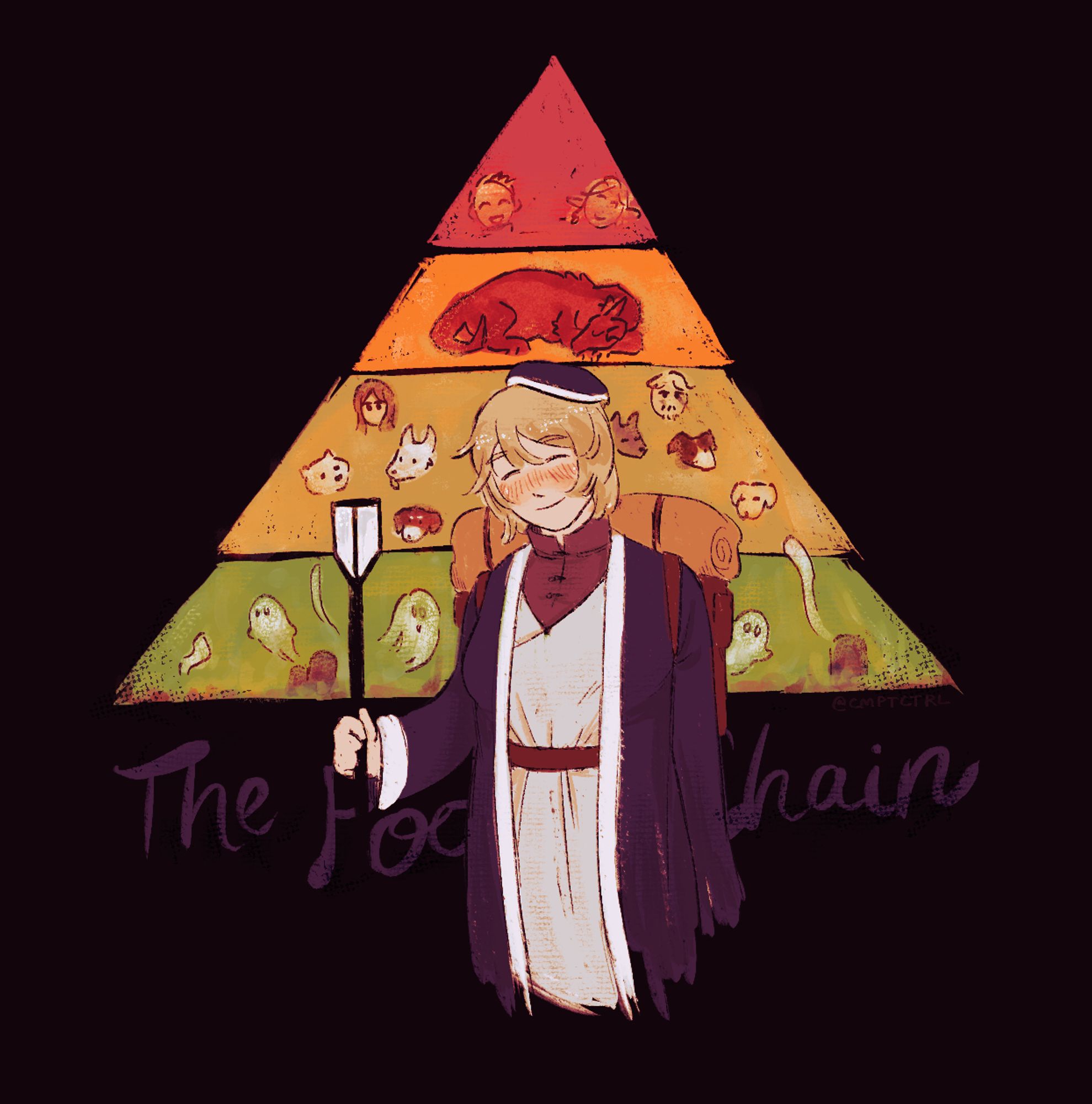 A digital drawing of Falin from Dungeon Meshi, her upper half in front of a depiction of a food pyramid. Various characters are in the different layers of the pyramid, their sketchy heads within a solid colored slice of the triangle. The caption below reads "The Food Chain," partially obscured by Falin as she holds up her staff in her adventuring outfit with a smile.