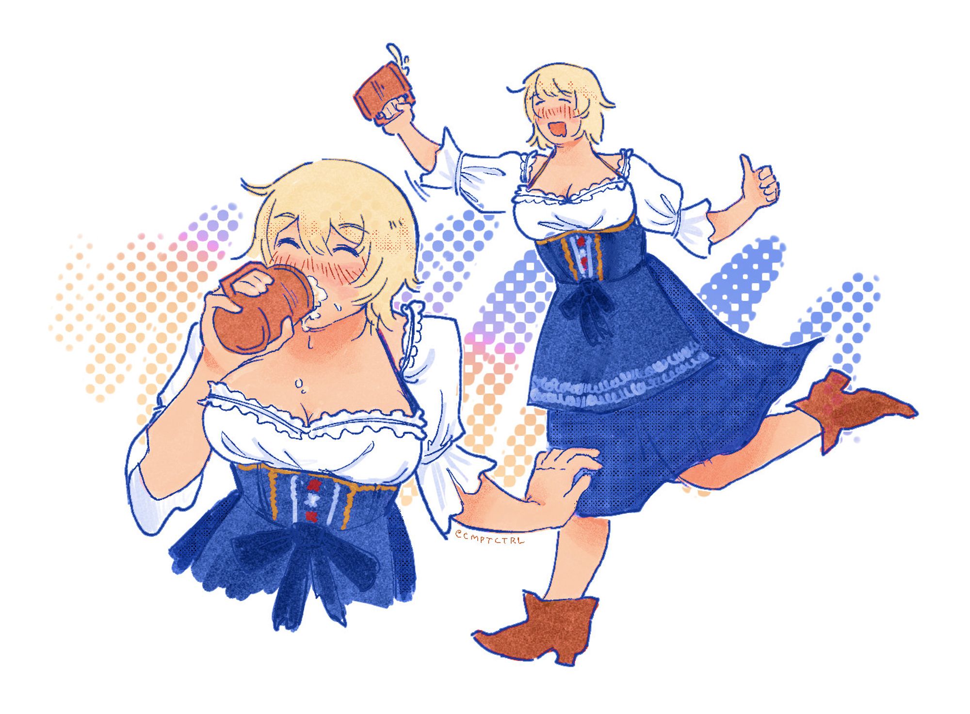 A drawing of Falin from Dungeon Meshi, in a barmaid outfit. The top is white, with frills around the revealing neckline, and the bottom is a blue skirt with an apron on top, embroidered with small details. On the left is a waist up of her happily blushing and taking a big gulp of a foamy drink out of a mug. On the right she holds the mug up triumphantly in cheers, also giving a thumbs up and kicking up one foot. A multicolor halftone scribble covers the middle of the background.