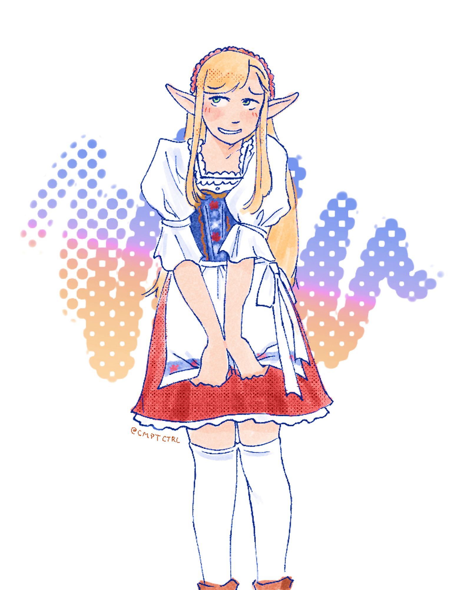 A drawing of Marcille from Dungeon Meshi in a barmaid outfit. She looks off to the side shyly, a small blush on her cheeks. Her long blonde hair is down, wearing a white top with a frilly modest neckline, and a knee length red skirt with a white apron on top. A blue corset covers her chest and has small embroidered details, as she clings to the bottom of the apron in her shyness. She also has a frilly red headband, and a multicolor halftone scribble covers the middle of the background behind her.