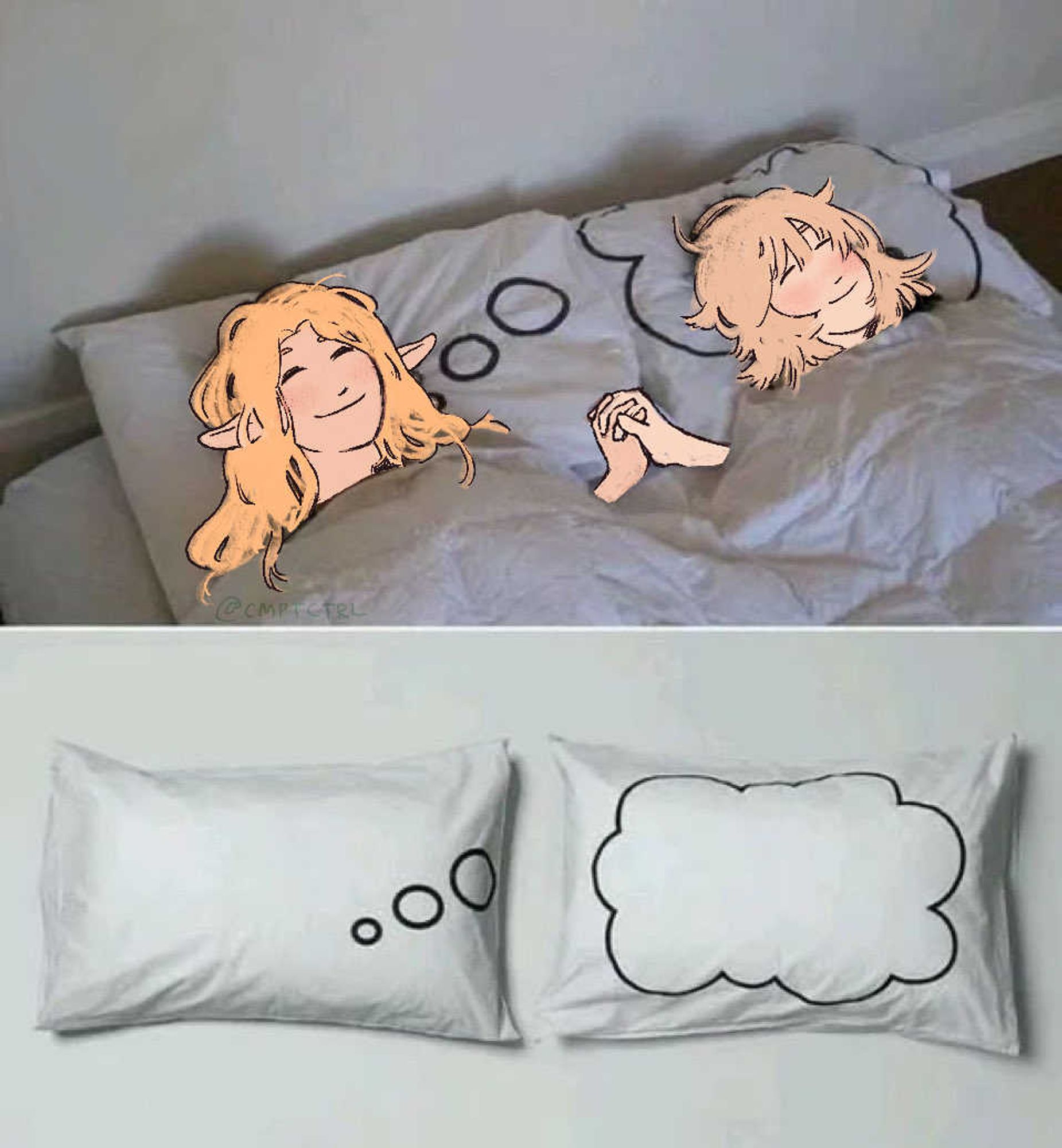 A redraw of a meme image, featuring Falin and Marcille from Dungeon Meshi. The two are lying side by side in bed, holding hands and smiling as they sleep. The design of the two pillows in the meme is a thought bubble on one pillow, and the thought trail on the other. Marcille has the thought trail pillow, dreaming of Falin on the thought bubble pillow.