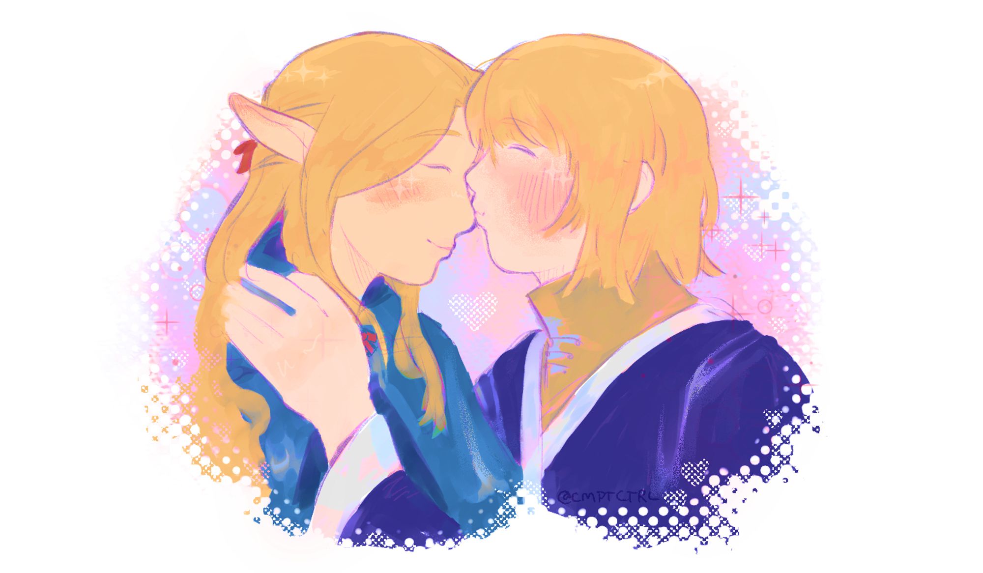 A rendered illustration of Falin and Marcille from Dungeon Meshi. Falin kisses the tip of Marcille's nose, her eyes closed and brow raised happily. Marcille smiles back with a similar expression, and the pair are both blushing. The vibrant blues and yellows of their figures give a pop of color in front of the abstract pastel pink background. Small sparkles and hearts decorate the illustration.