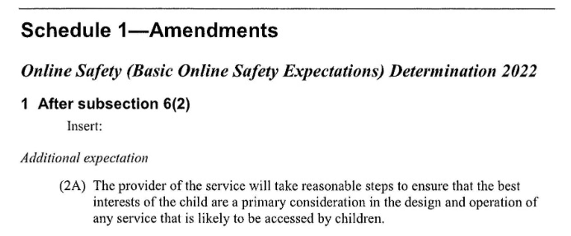 Schedule 1-Amendments
Online Safety (Basic Online Safety Expectations) Determination 2022
1 After subsection 6(2)
Insert:
Additional expectation (2A) The provider of the service will take re asonable steps to ensure that the best interests of the child are a primary consideration in the design and operation of any service that is likely to be accessed by children.