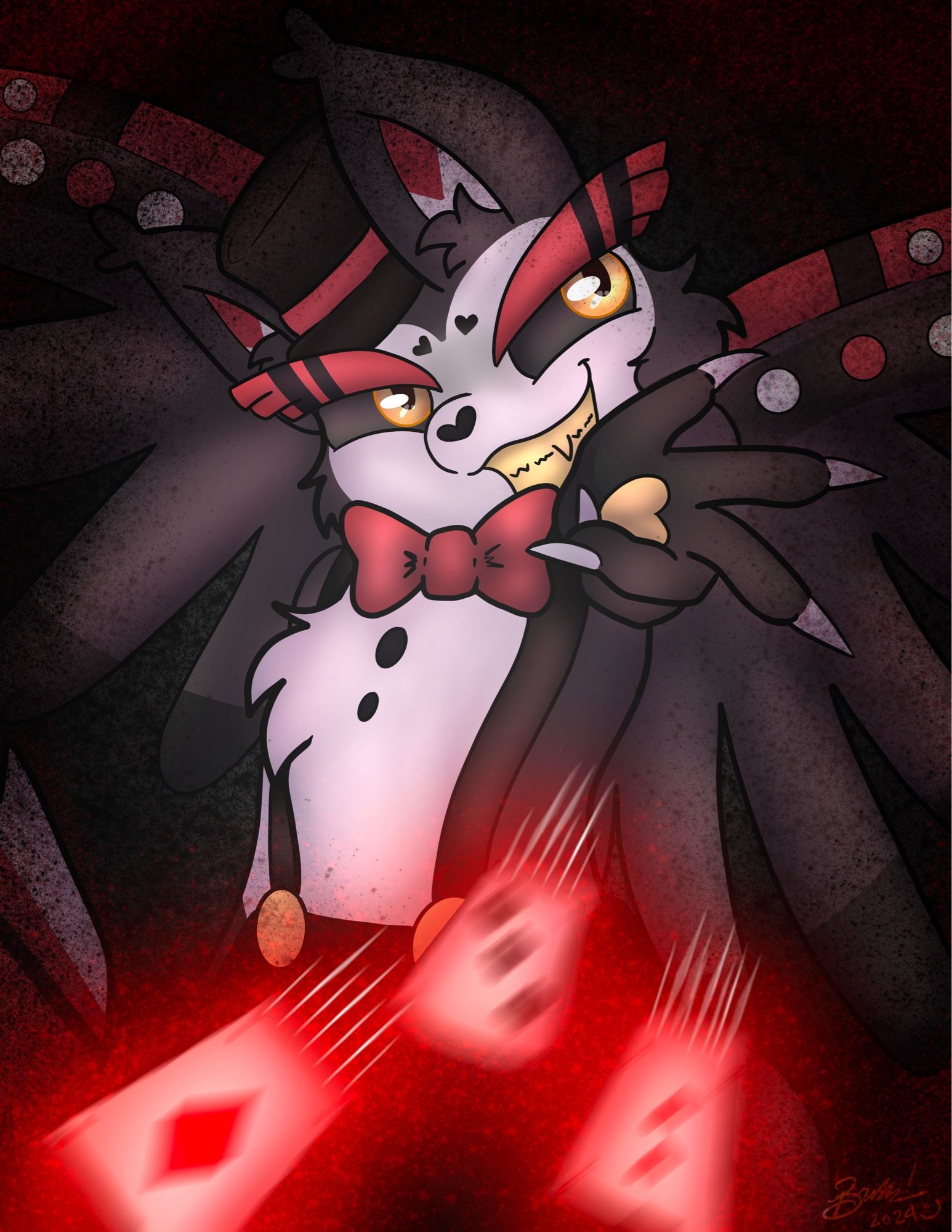 Black, white, and red cat-like character with wings (Husk from Hazbin Hotel) throwing red, glowing cards towards the audience