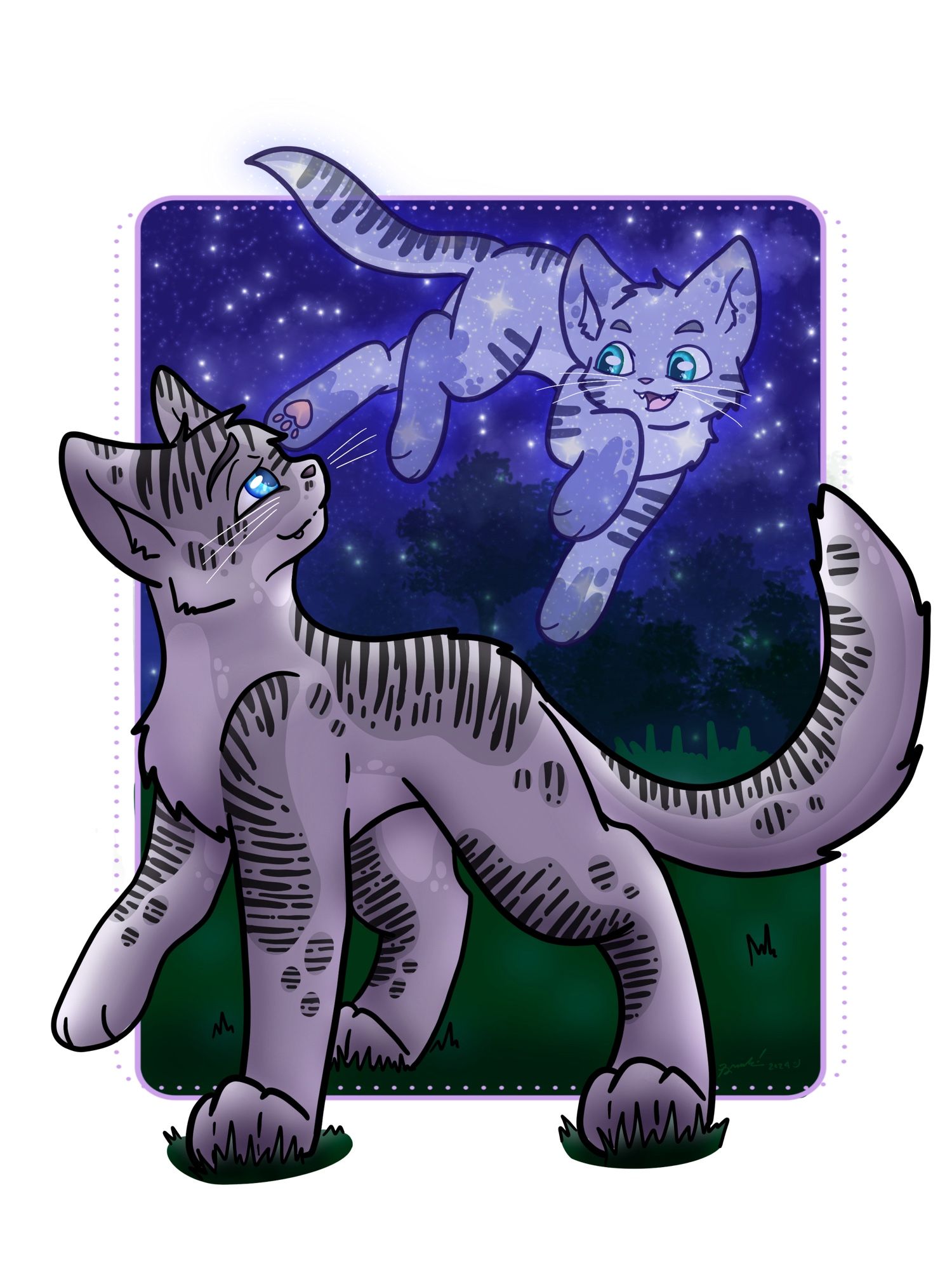 An illustration of Ivypool from Warrior Cats (a grey tabby striped cat with blue eyes) looking at a ghostly version of her daughter, Bristlefrost (a pale grey cat with blue green eyes), floating around