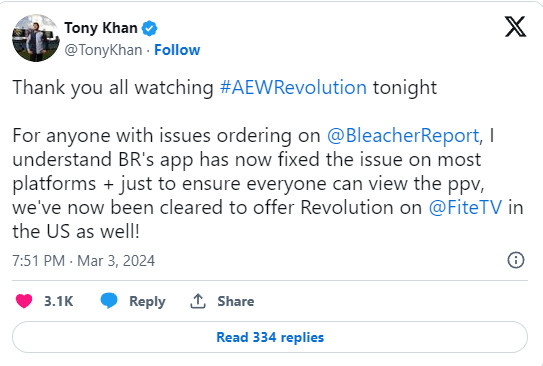 tweet from Tony Khan from March:
Thank you all watching #AEWRevolution tonight

For anyone with issues ordering on 
@BleacherReport
, I understand BR's app has now fixed the issue on most platforms + just to ensure everyone can view the ppv, we've now been cleared to offer Revolution on 
@FiteTV
 in the US as well!