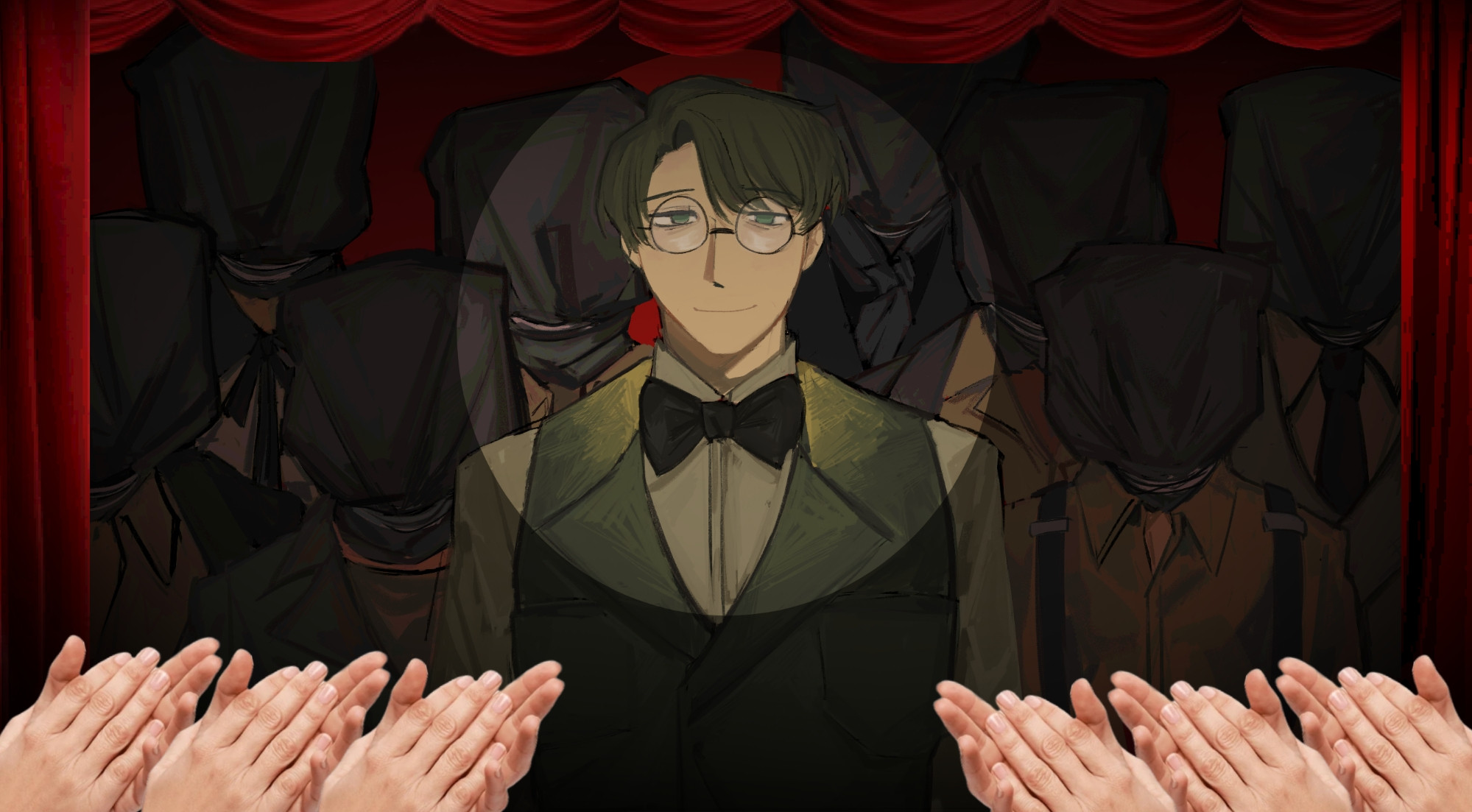 fanart of dongrang from limbus company. eight of his friends behind him with sacks on their heads. there is a red curtain and a light shining on him signifying being on a stage, with realistic hands clapping for him.