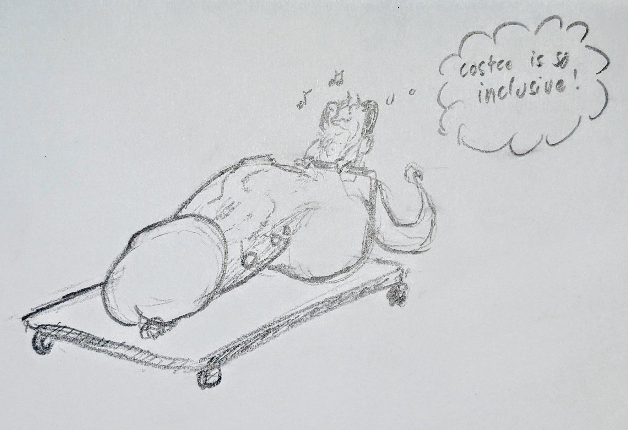 pencil sketch of an anthro snake with a hyper cock, resting it on one of the flatbed pushcarts they have at Costco while thinking "Costco is so inclusive!"