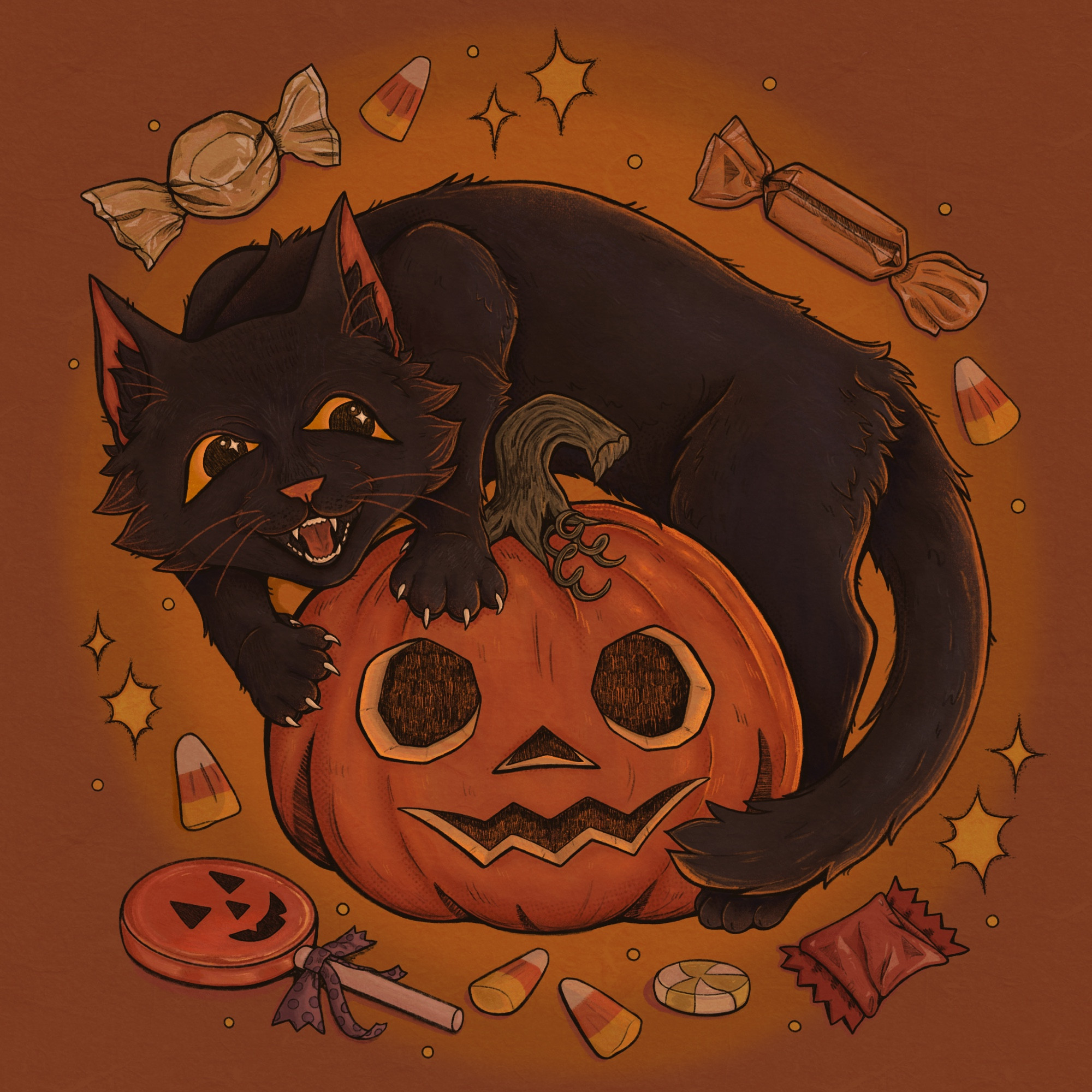 drawing of a black cat over a pumpkin, with candy all around in a vintage Halloween style 